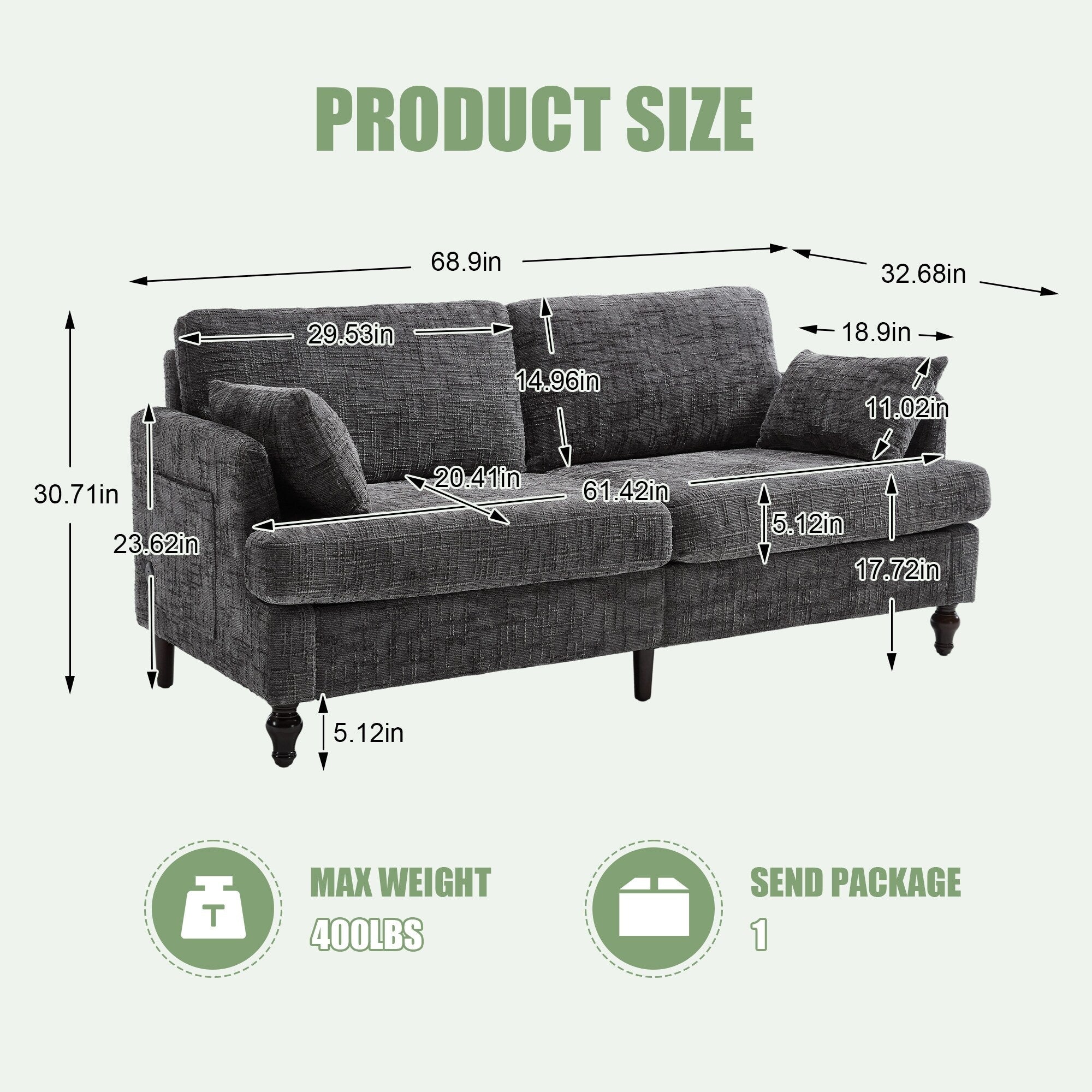 Modern Style Chenille 2-Seater Wood-Legged Sofa With Led Light, Usb Charging Port And Storage Bag Living Room Bedroom Study Room