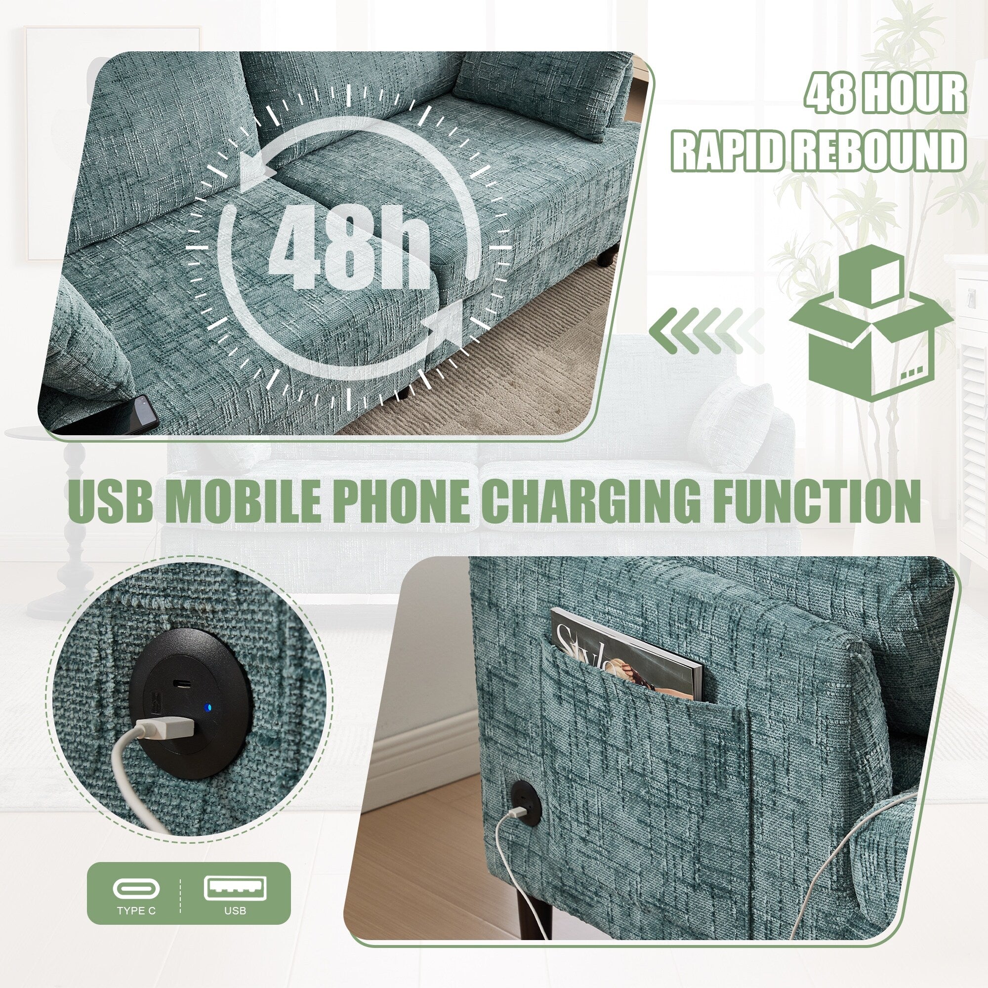 Modern Style Chenille 2-Seater Wood-Legged Sofa With Led Light, Usb Charging Port And Storage Bag Living Room Bedroom Study Room