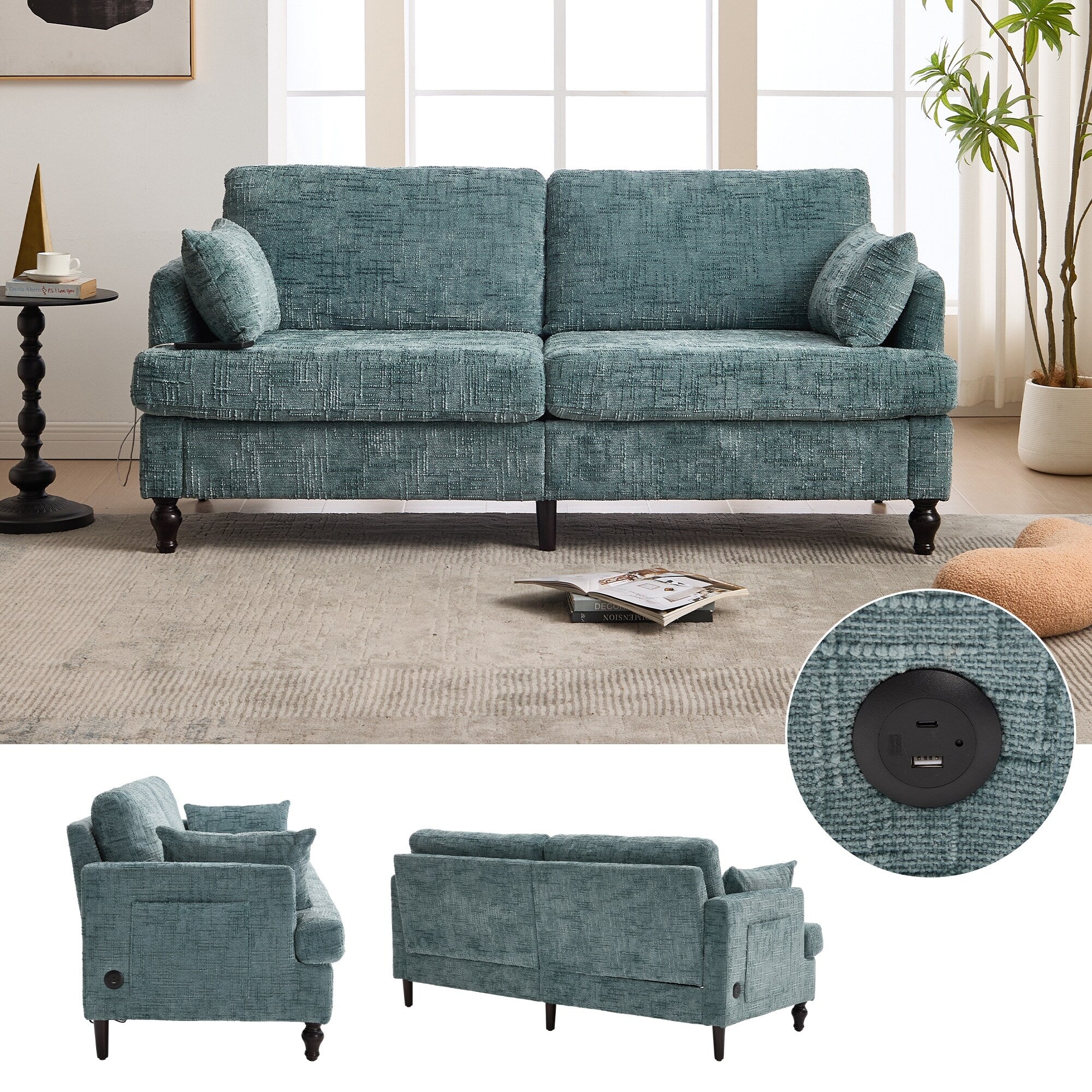 Modern Style Chenille 2-Seater Wood-Legged Sofa With Led Light, Usb Charging Port And Storage Bag Living Room Bedroom Study Room
