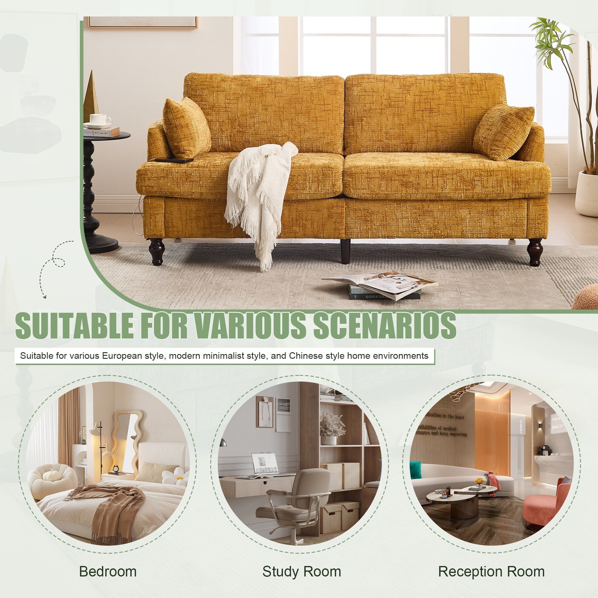 Modern Style Chenille 2-Seater Wood-Legged Sofa With Led Light, Usb Charging Port And Storage Bag Living Room Bedroom Study Room