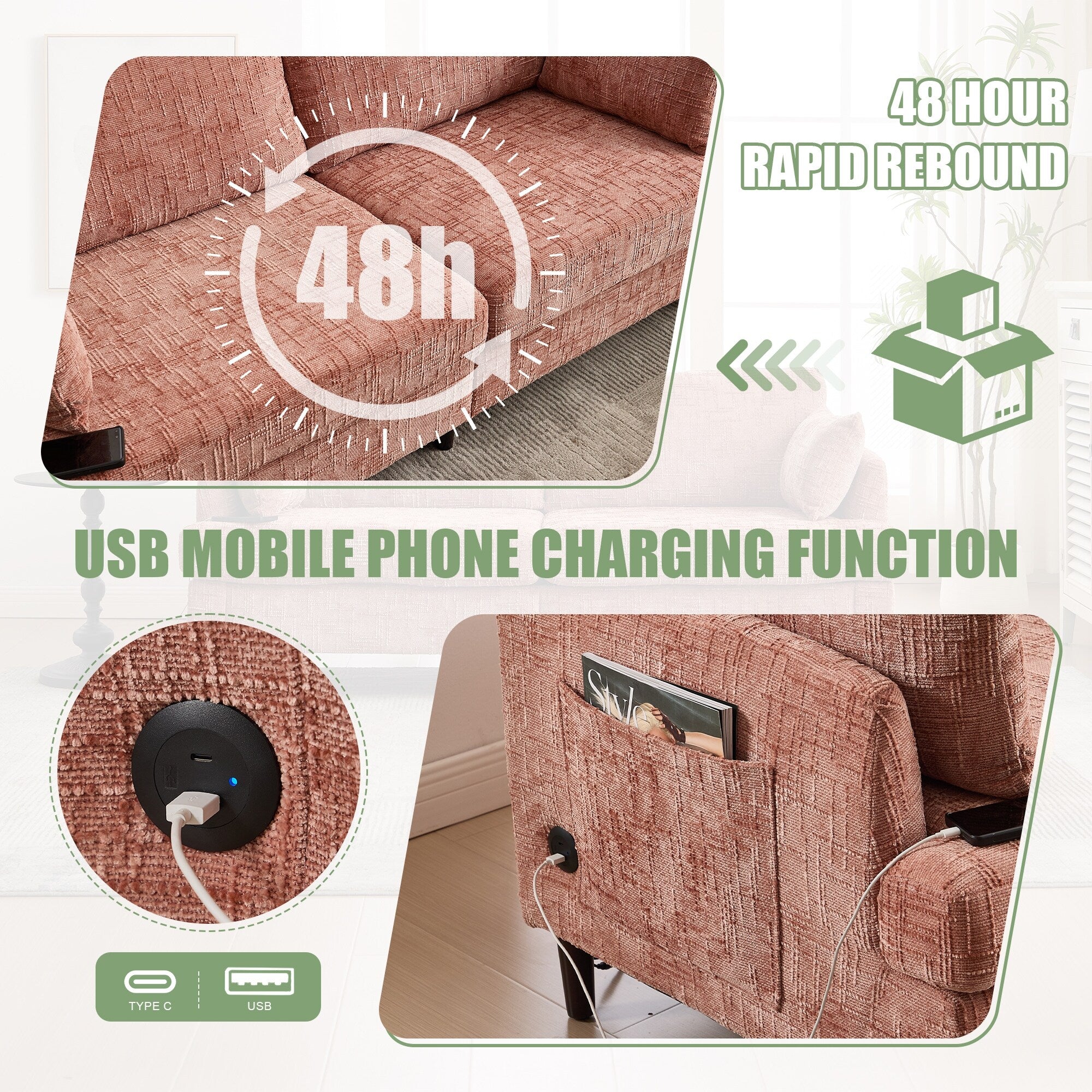 Modern Style Chenille 2-Seater Wood-Legged Sofa With Led Light, Usb Charging Port And Storage Bag Living Room Bedroom Study Room