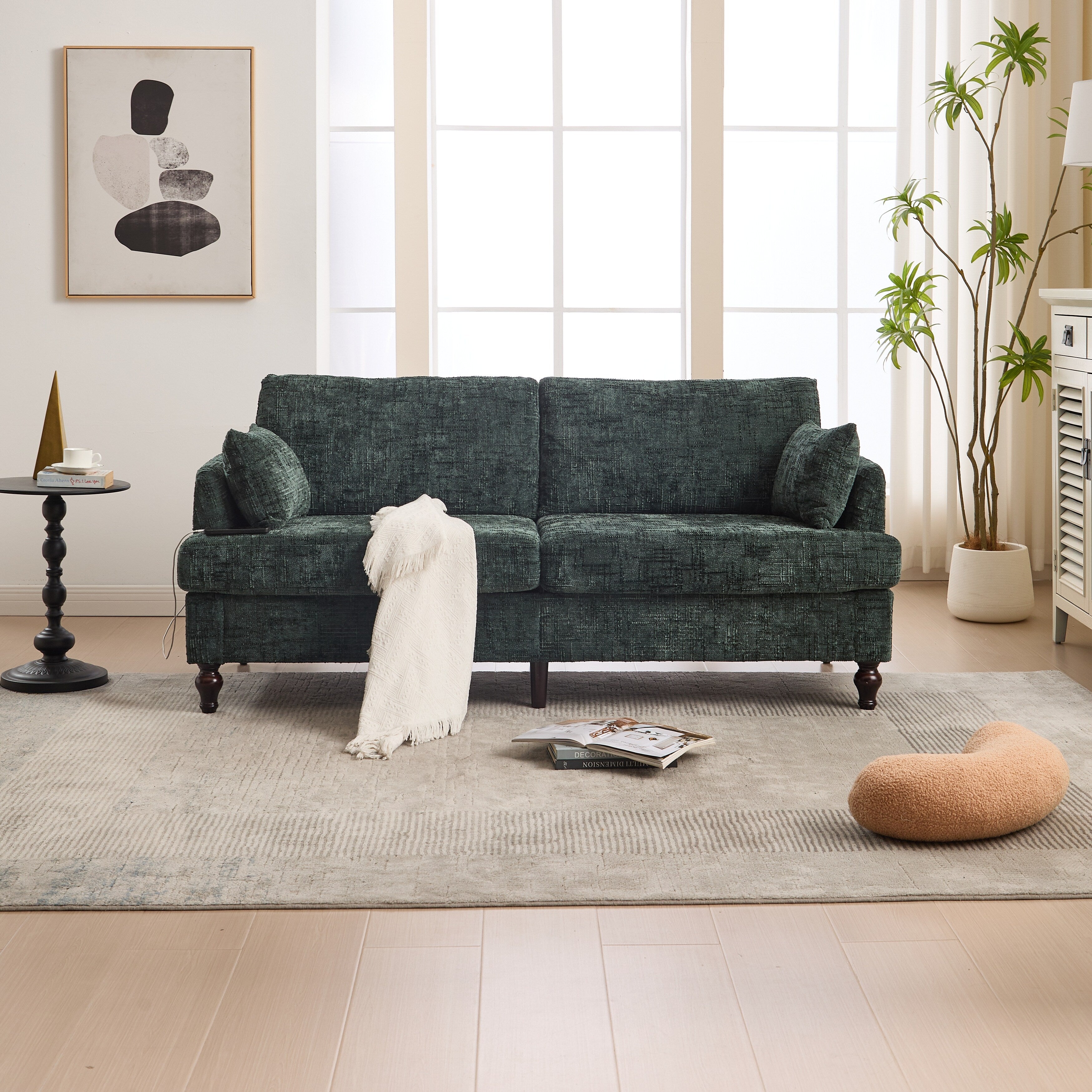 Modern Style Chenille 2-Seater Wood-Legged Sofa With Led Light, Usb Charging Port And Storage Bag Living Room Bedroom Study Room