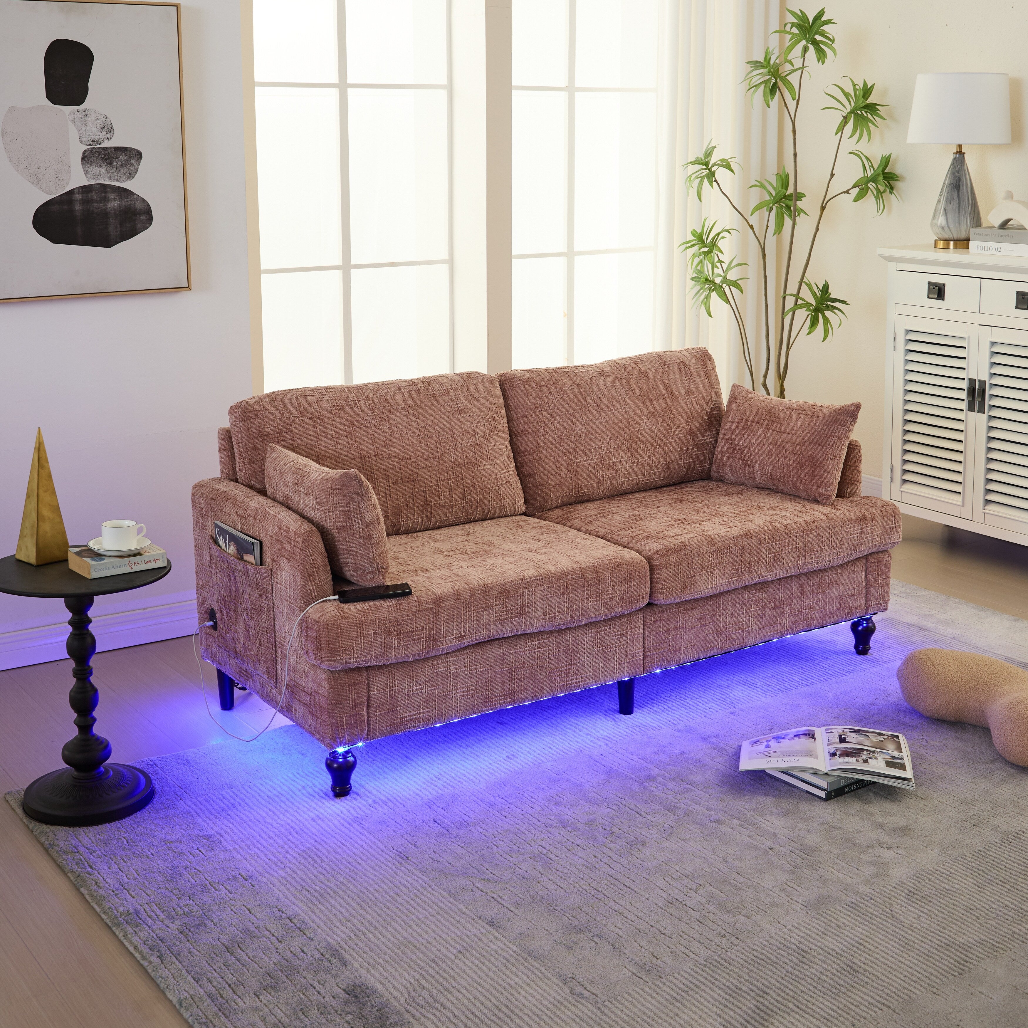 Modern Style Chenille 2-Seater Wood-Legged Sofa With Led Light, Usb Charging Port And Storage Bag Living Room Bedroom Study Room