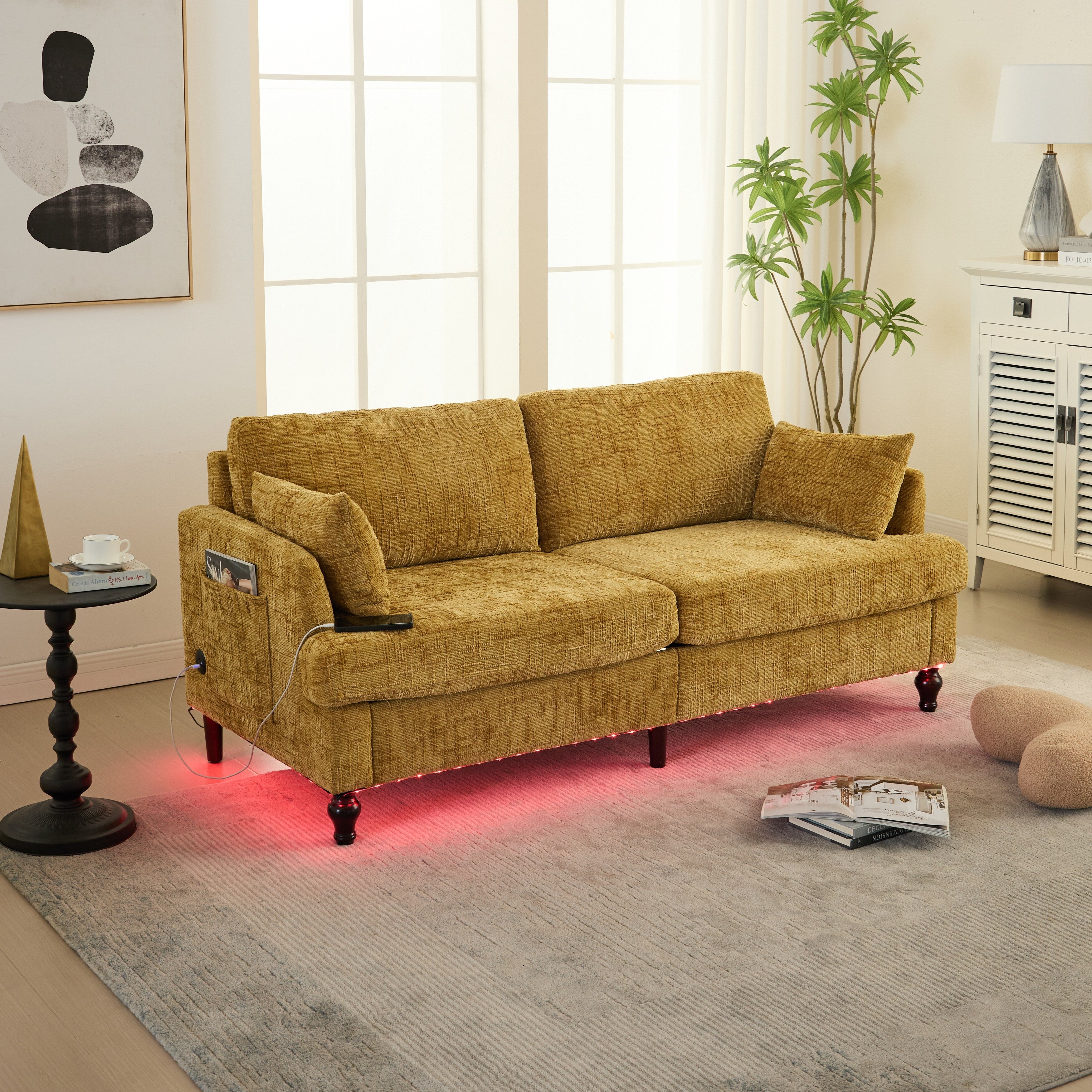 Modern Style Chenille 2-Seater Wood-Legged Sofa With Led Light, Usb Charging Port And Storage Bag Living Room Bedroom Study Room