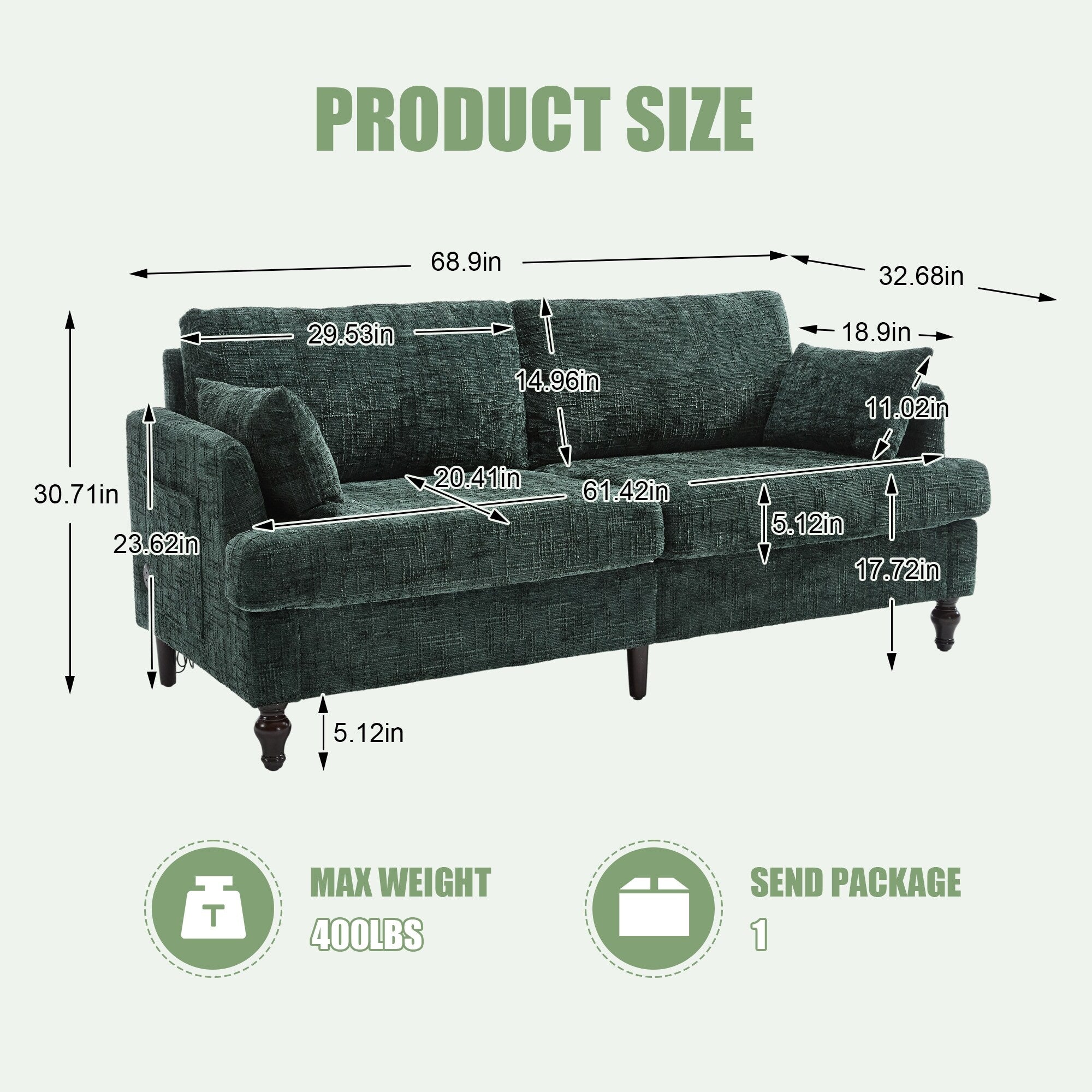 Modern Style Chenille 2-Seater Wood-Legged Sofa With Led Light, Usb Charging Port And Storage Bag Living Room Bedroom Study Room