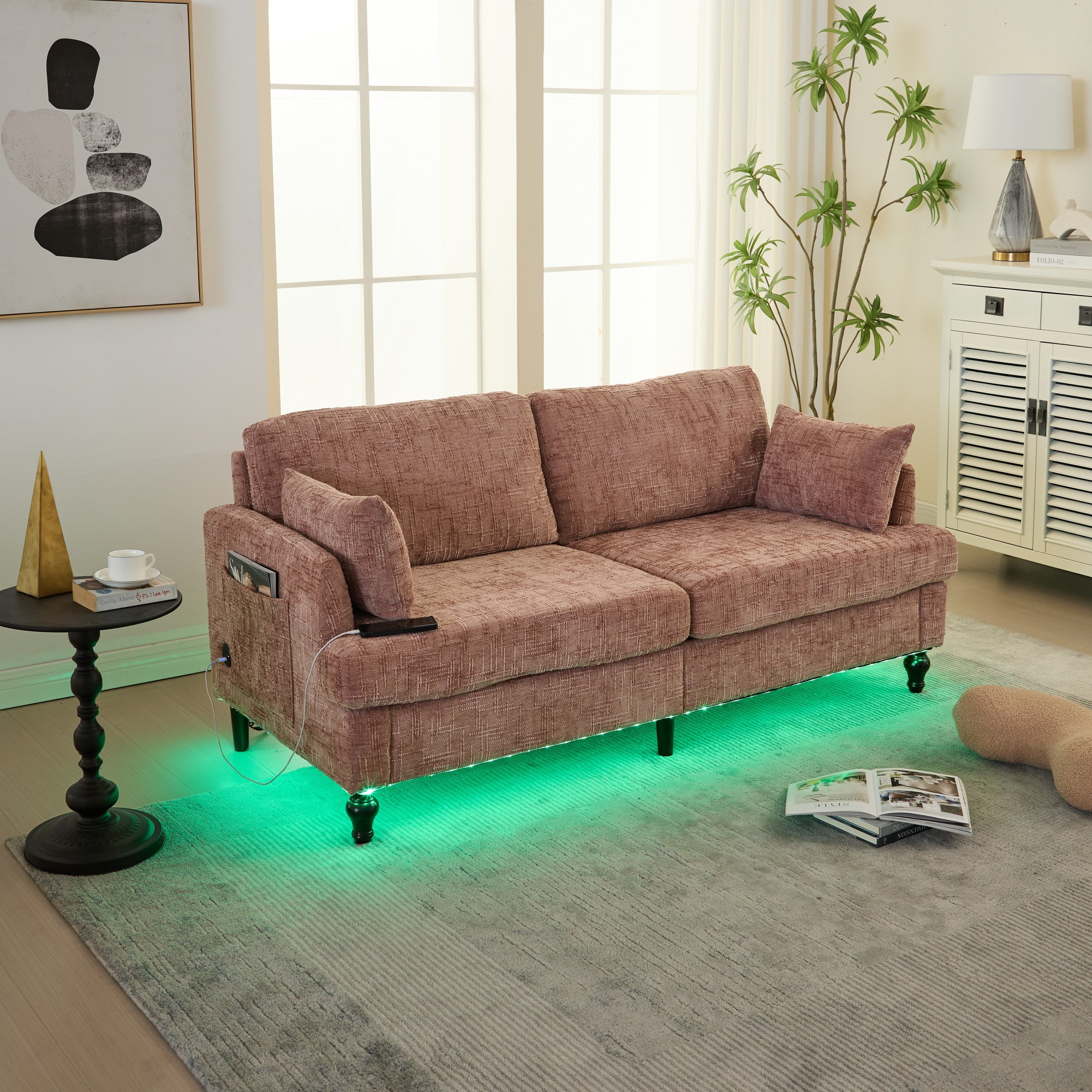 Modern Style Chenille 2-Seater Wood-Legged Sofa With Led Light, Usb Charging Port And Storage Bag Living Room Bedroom Study Room
