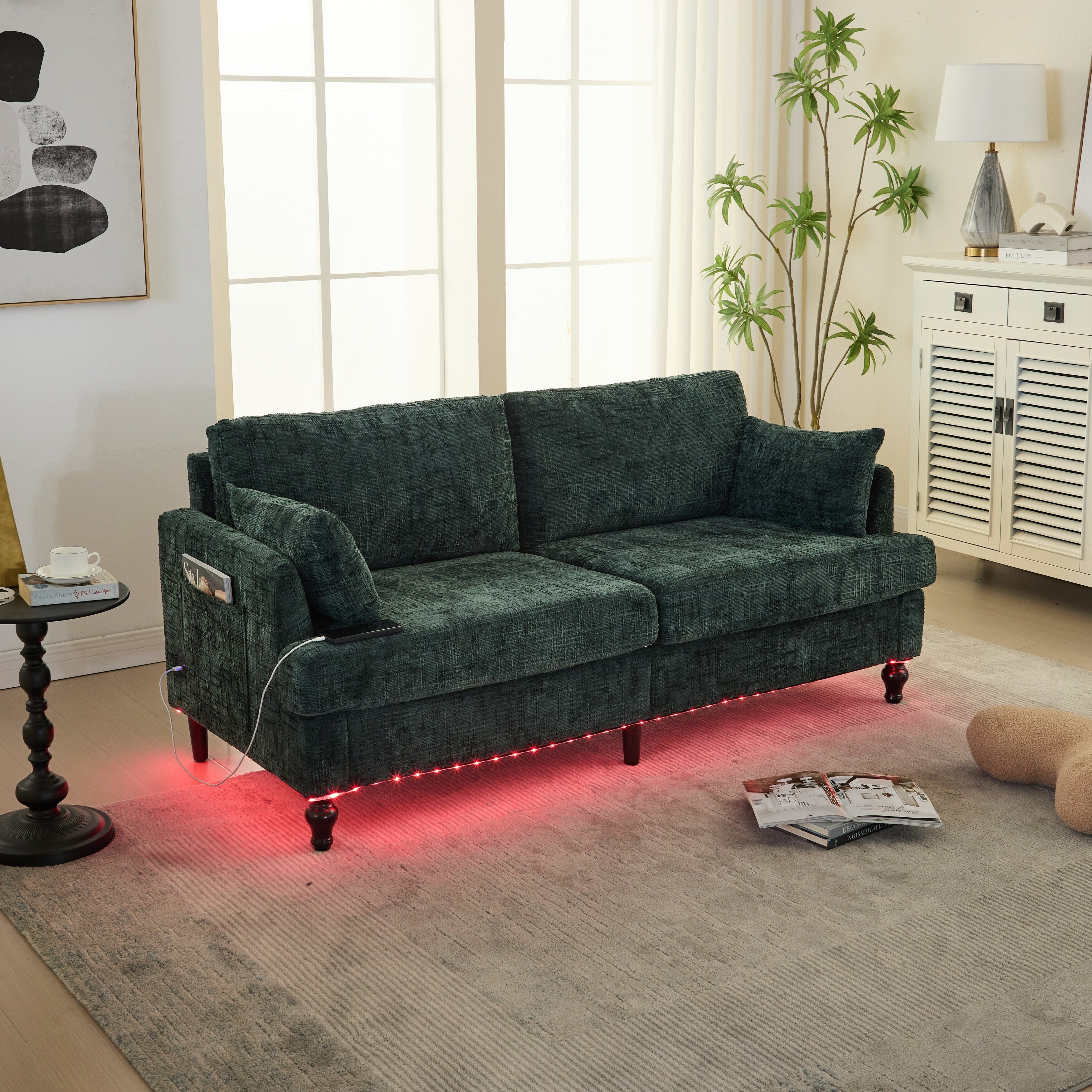 Modern Style Chenille 2-Seater Wood-Legged Sofa With Led Light, Usb Charging Port And Storage Bag Living Room Bedroom Study Room