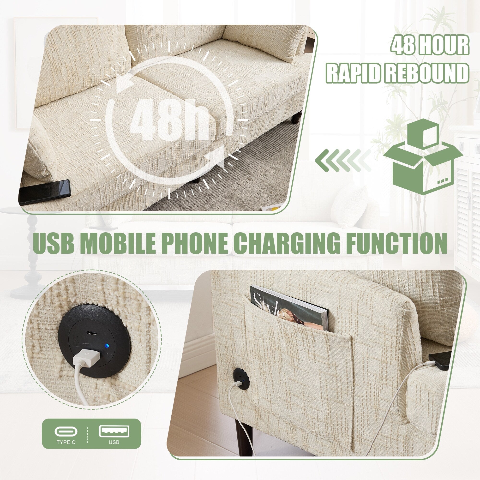 Modern Style Chenille 2-Seater Wood-Legged Sofa With Led Light, Usb Charging Port And Storage Bag Living Room Bedroom Study Room