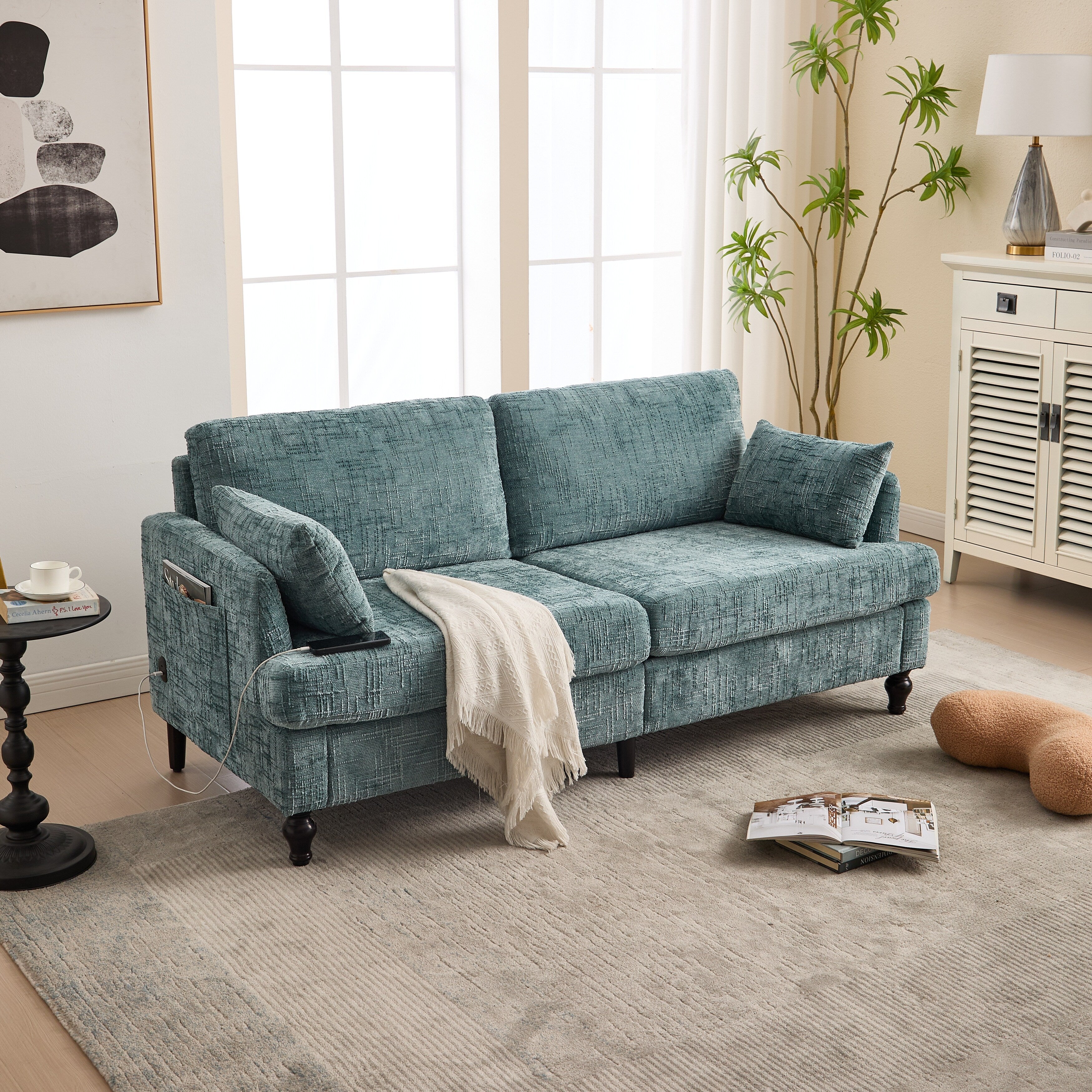 Modern Style Chenille 2-Seater Wood-Legged Sofa With Led Light, Usb Charging Port And Storage Bag Living Room Bedroom Study Room