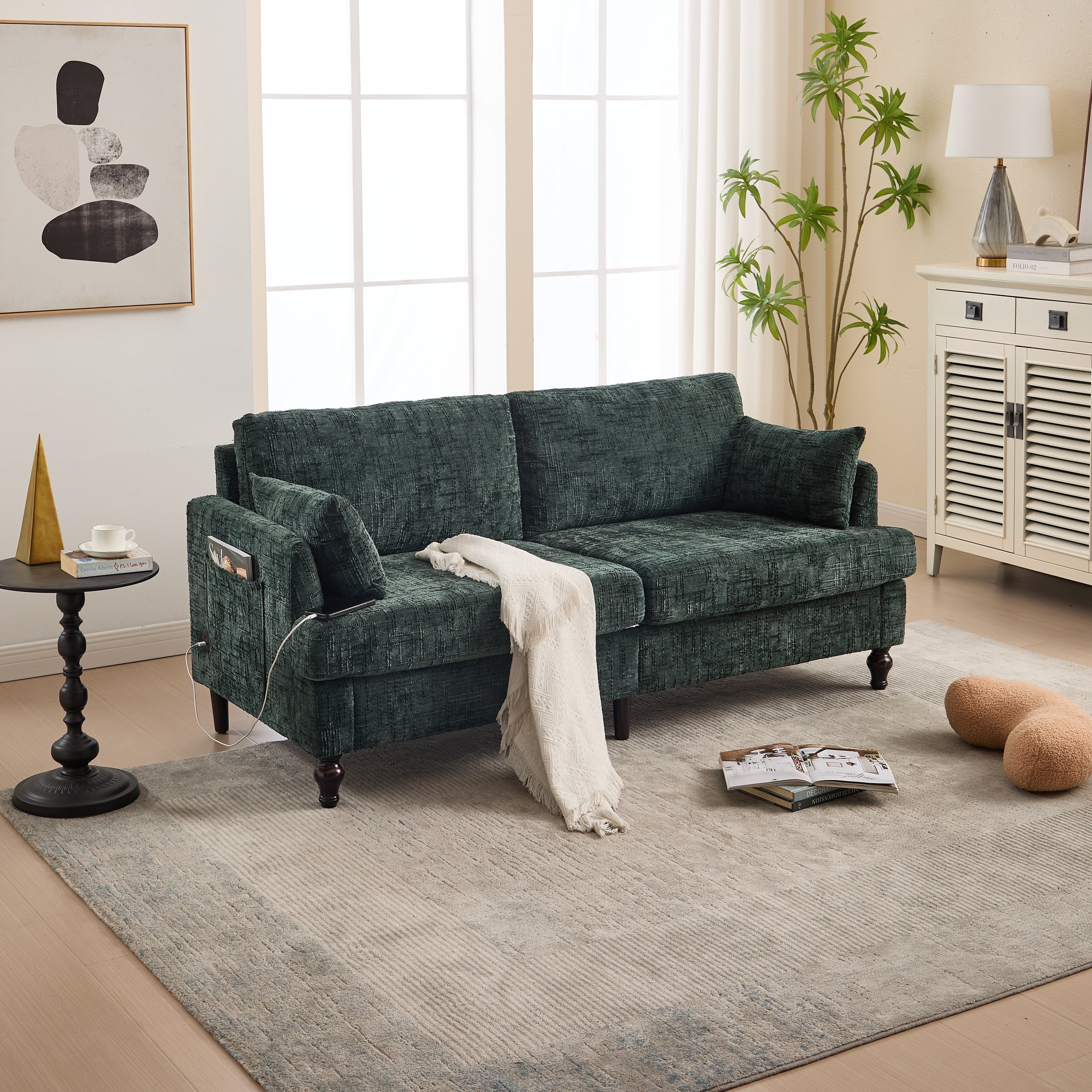 Modern Style Chenille 2-Seater Wood-Legged Sofa With Led Light, Usb Charging Port And Storage Bag Living Room Bedroom Study Room