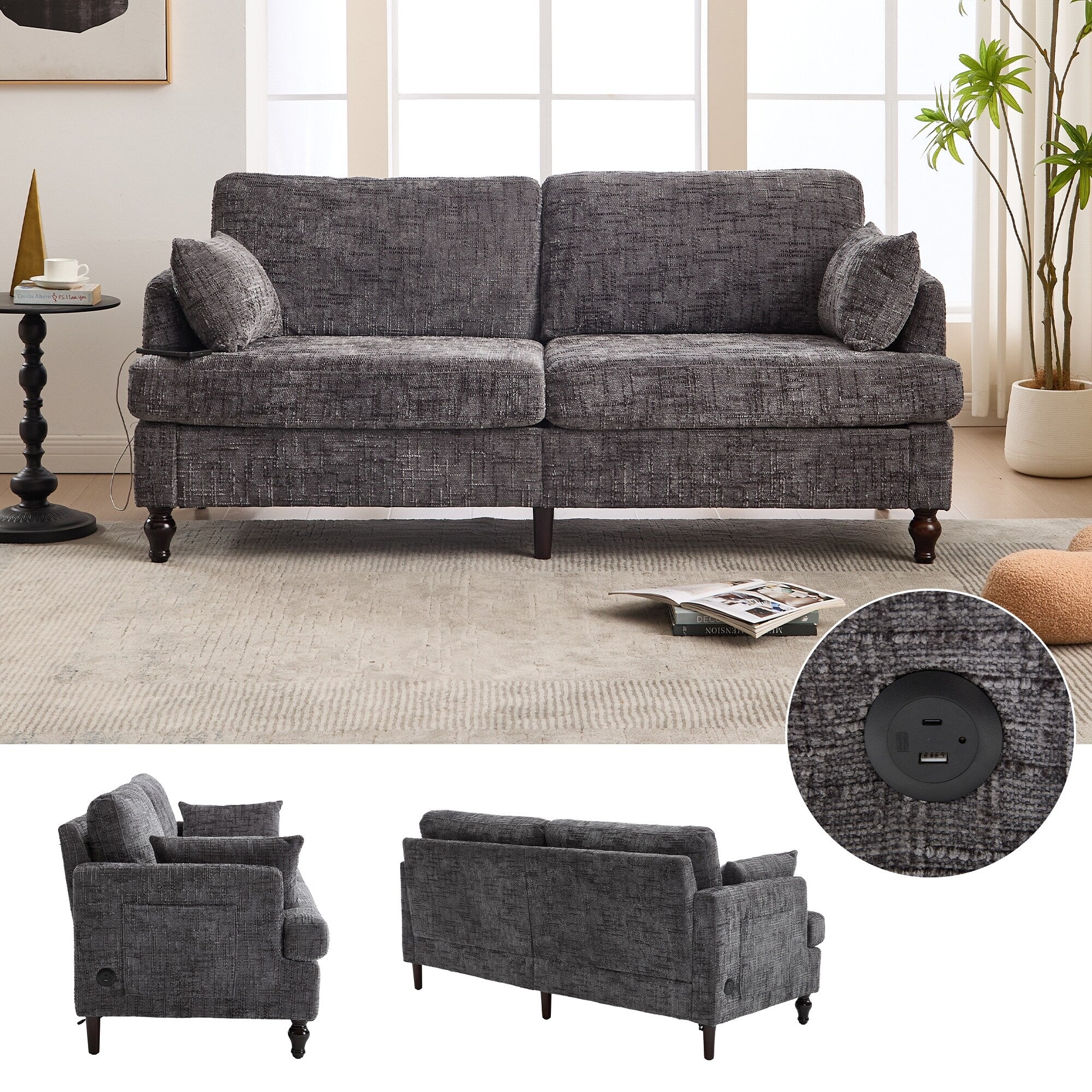 Modern Style Chenille 2-Seater Wood-Legged Sofa With Led Light, Usb Charging Port And Storage Bag Living Room Bedroom Study Room