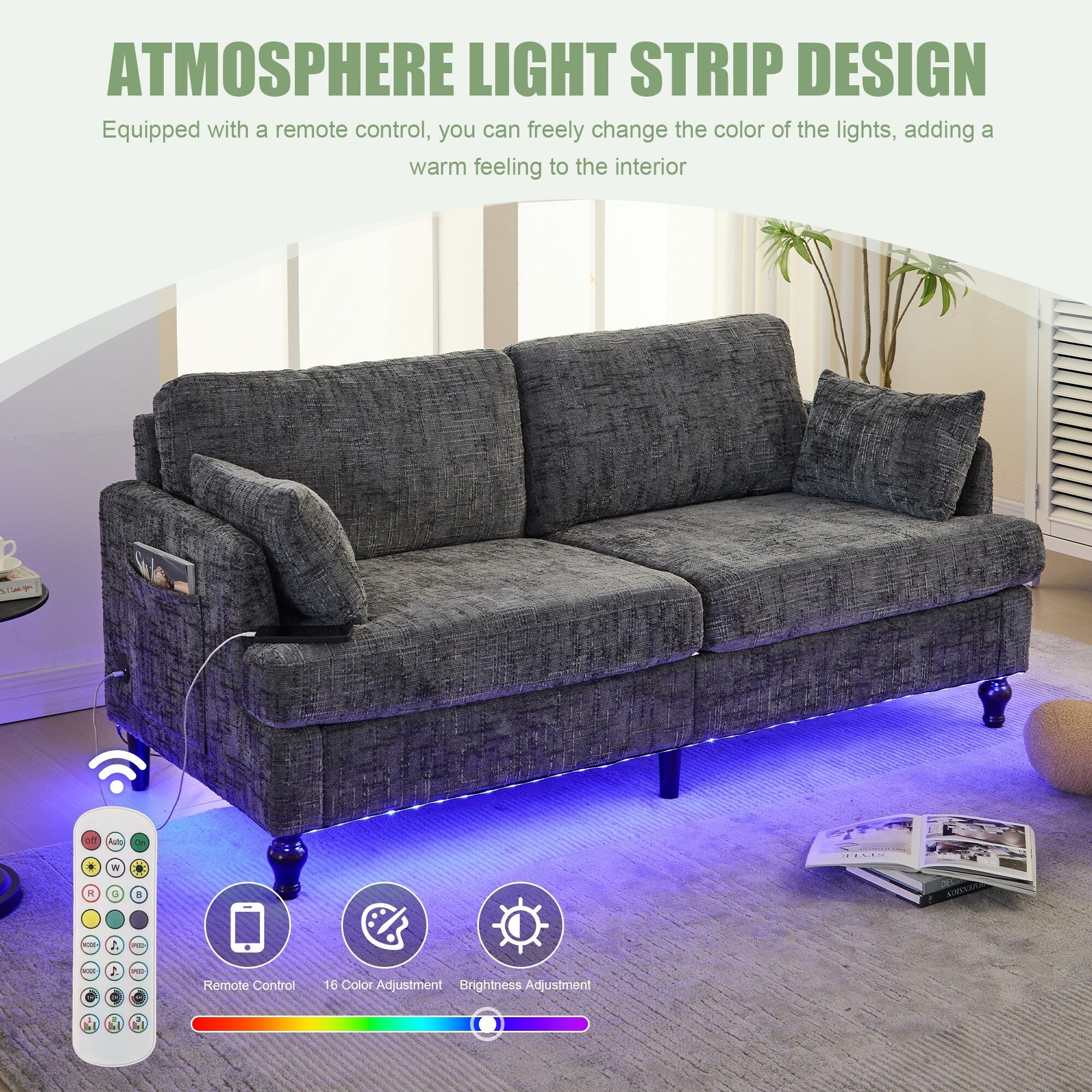 Modern Style Chenille 2-Seater Wood-Legged Sofa With Led Light, Usb Charging Port And Storage Bag Living Room Bedroom Study Room
