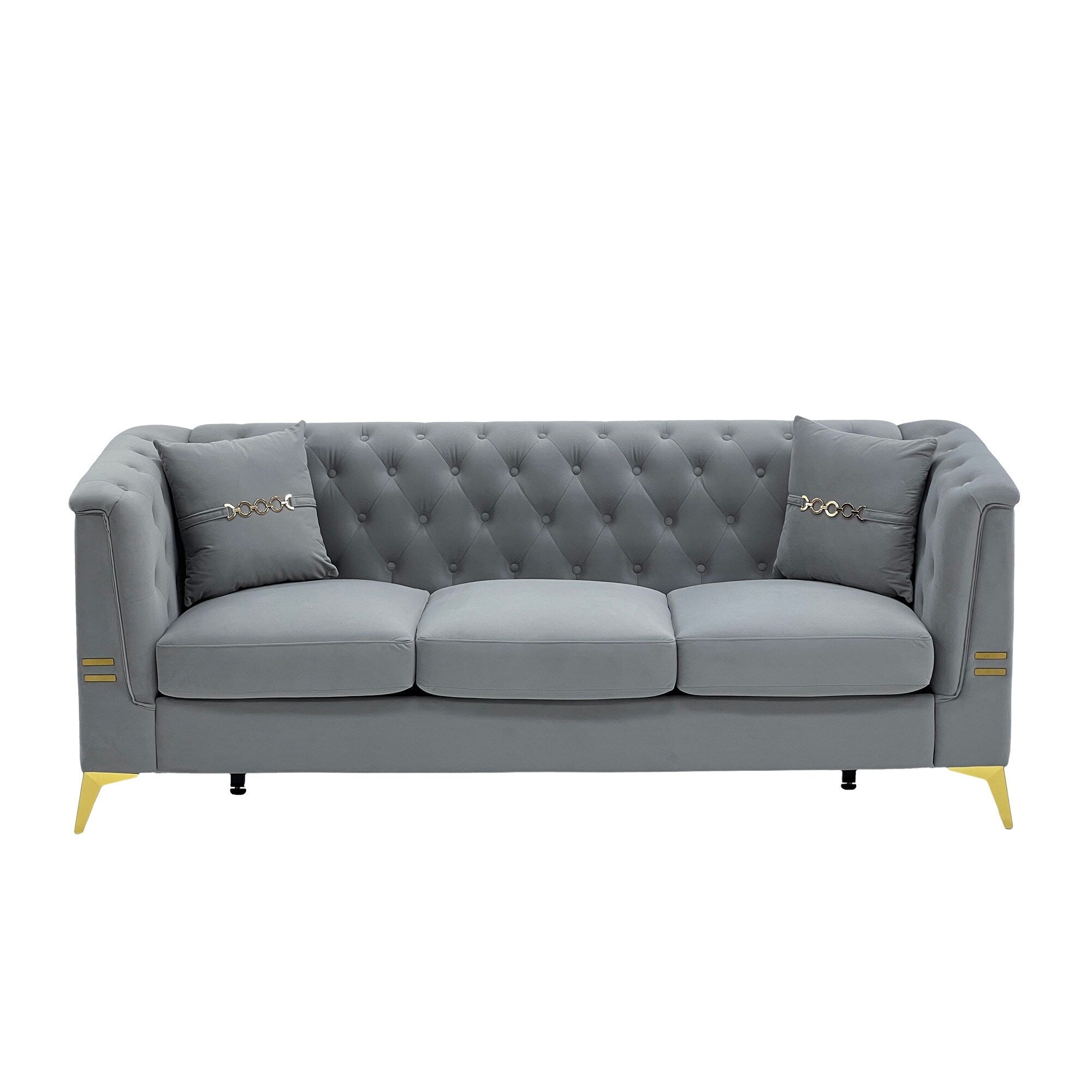 Modern Tufted Velvet Sofa, 82.67 Mid-Century 3-Seater Couch with Gold Metal Legs & Pillows, Elegant Chesterfield-Style Sofa