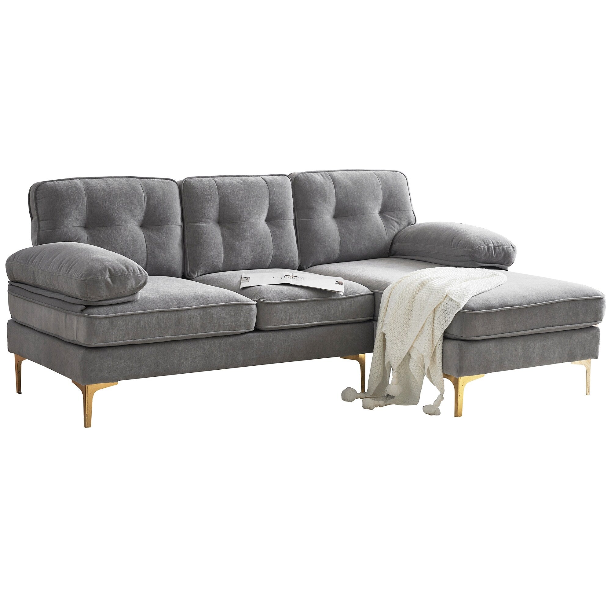 Modern Velvet L-Shaped Sectional Sofa with Metal Legs and Wide Backrest for Living Room Bedroom