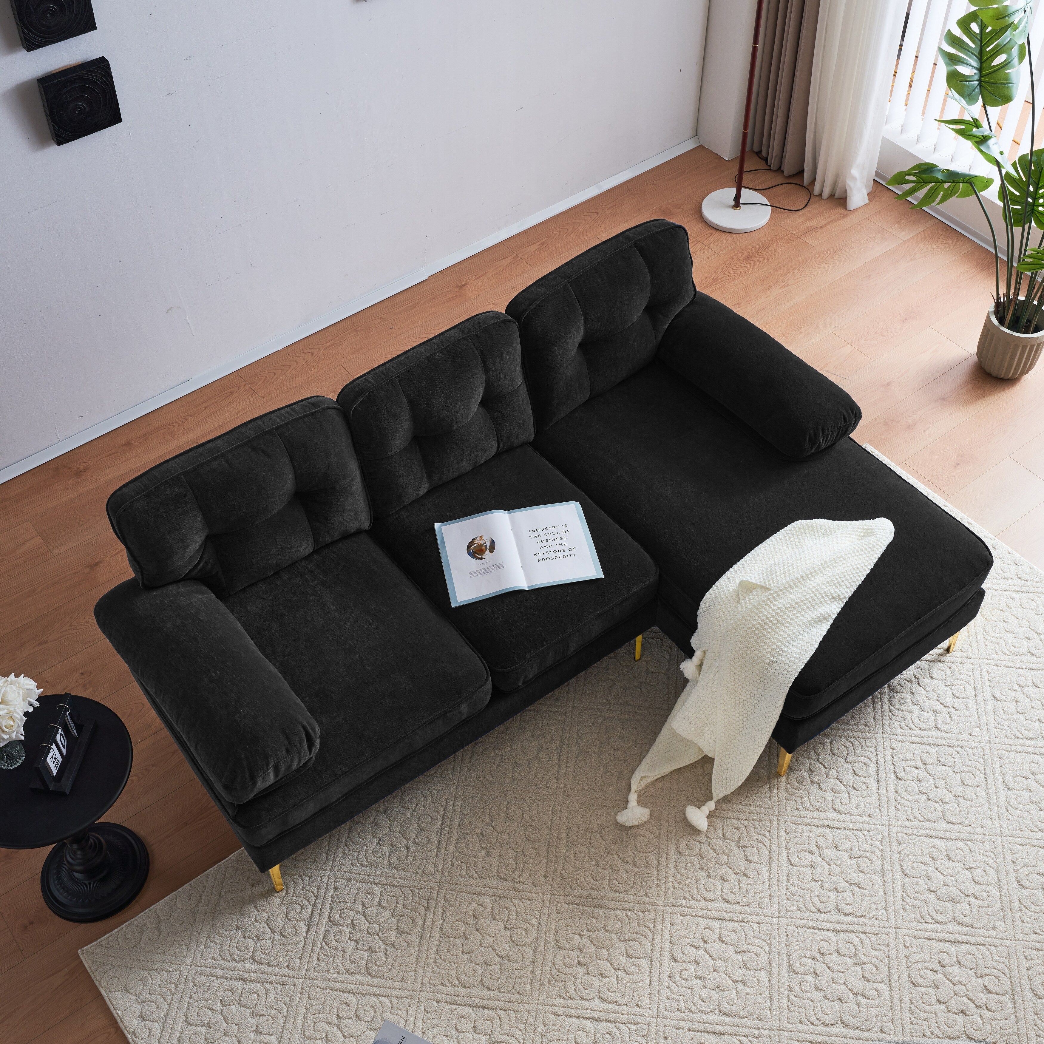 Modern Velvet L-Shaped Sectional Sofa with Metal Legs and Wide Backrest for Living Room Bedroom