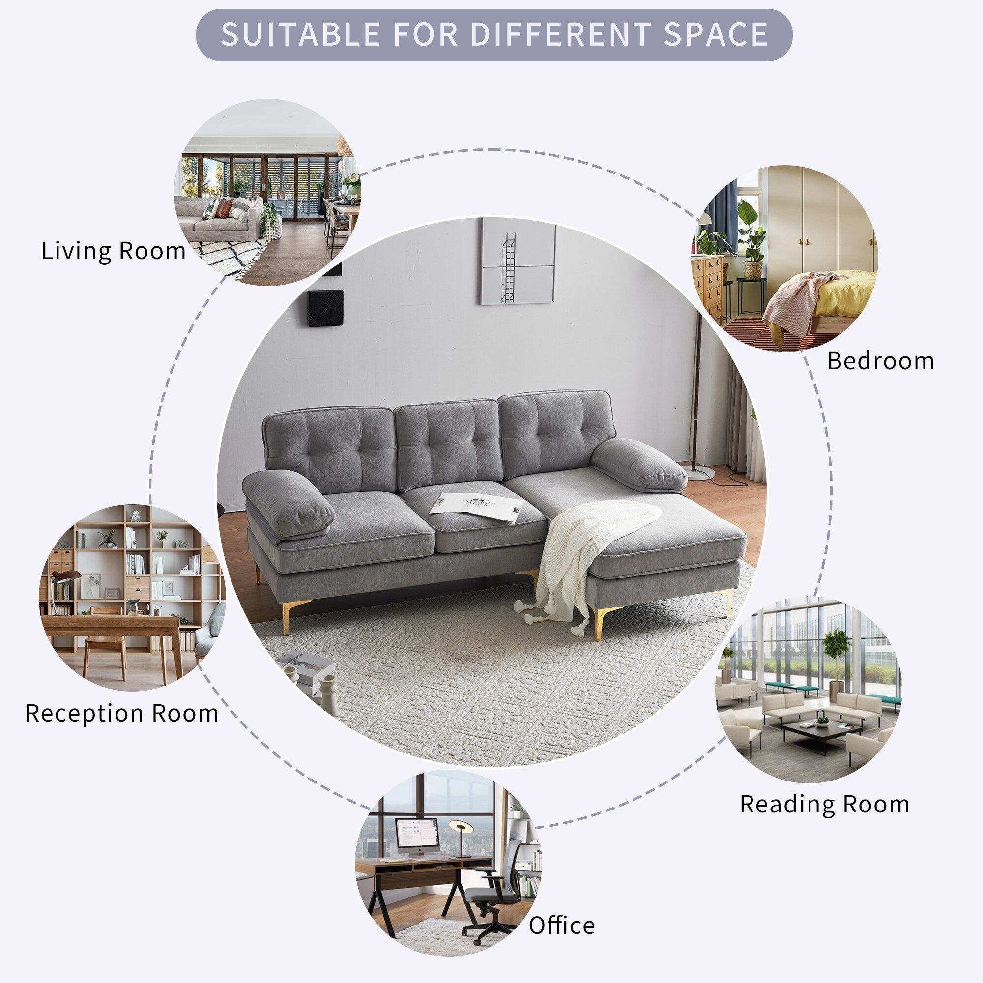 Modern Velvet L-Shaped Sectional Sofa with Metal Legs and Wide Backrest for Living Room Bedroom