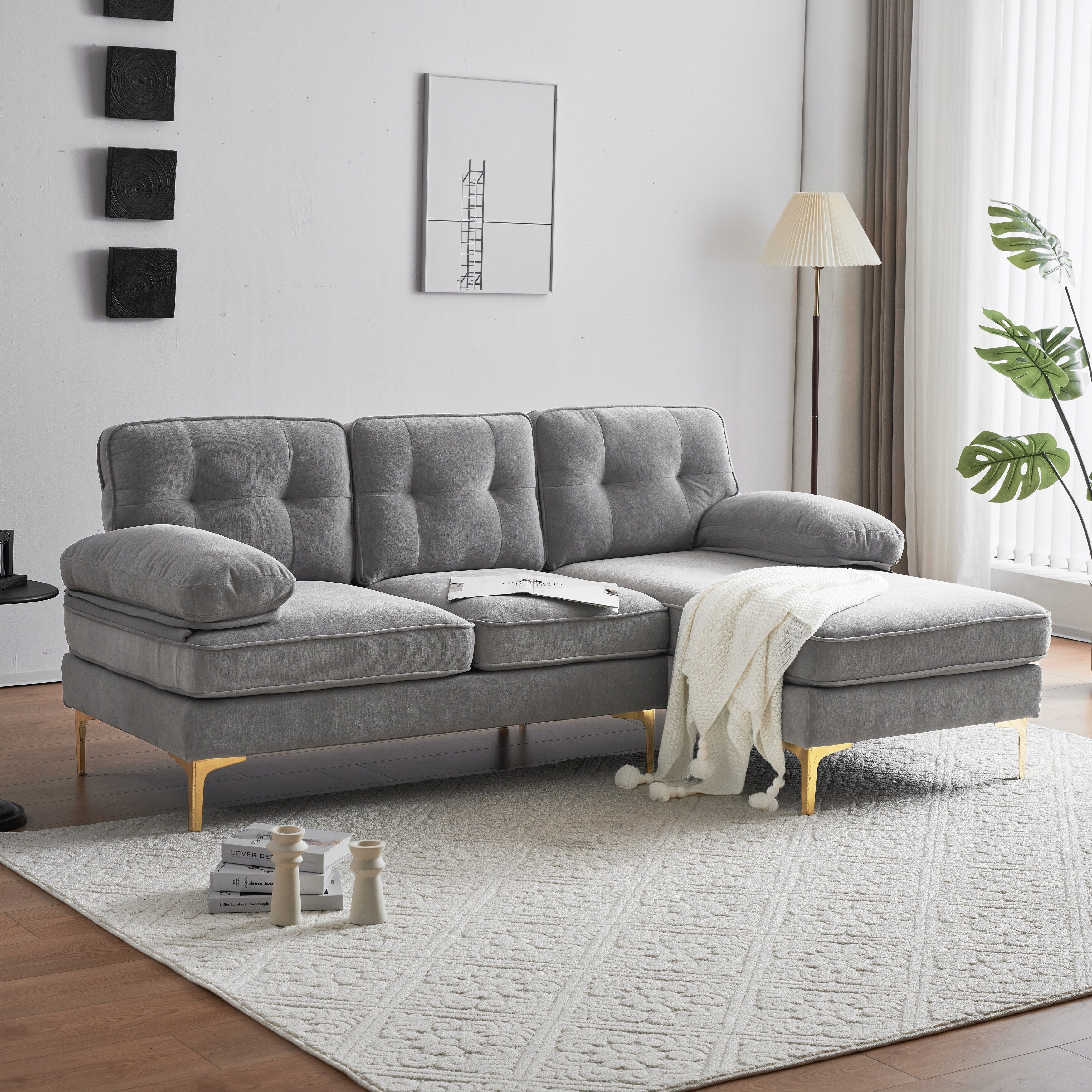 Modern Velvet L-Shaped Sectional Sofa with Metal Legs and Wide Backrest for Living Room Bedroom
