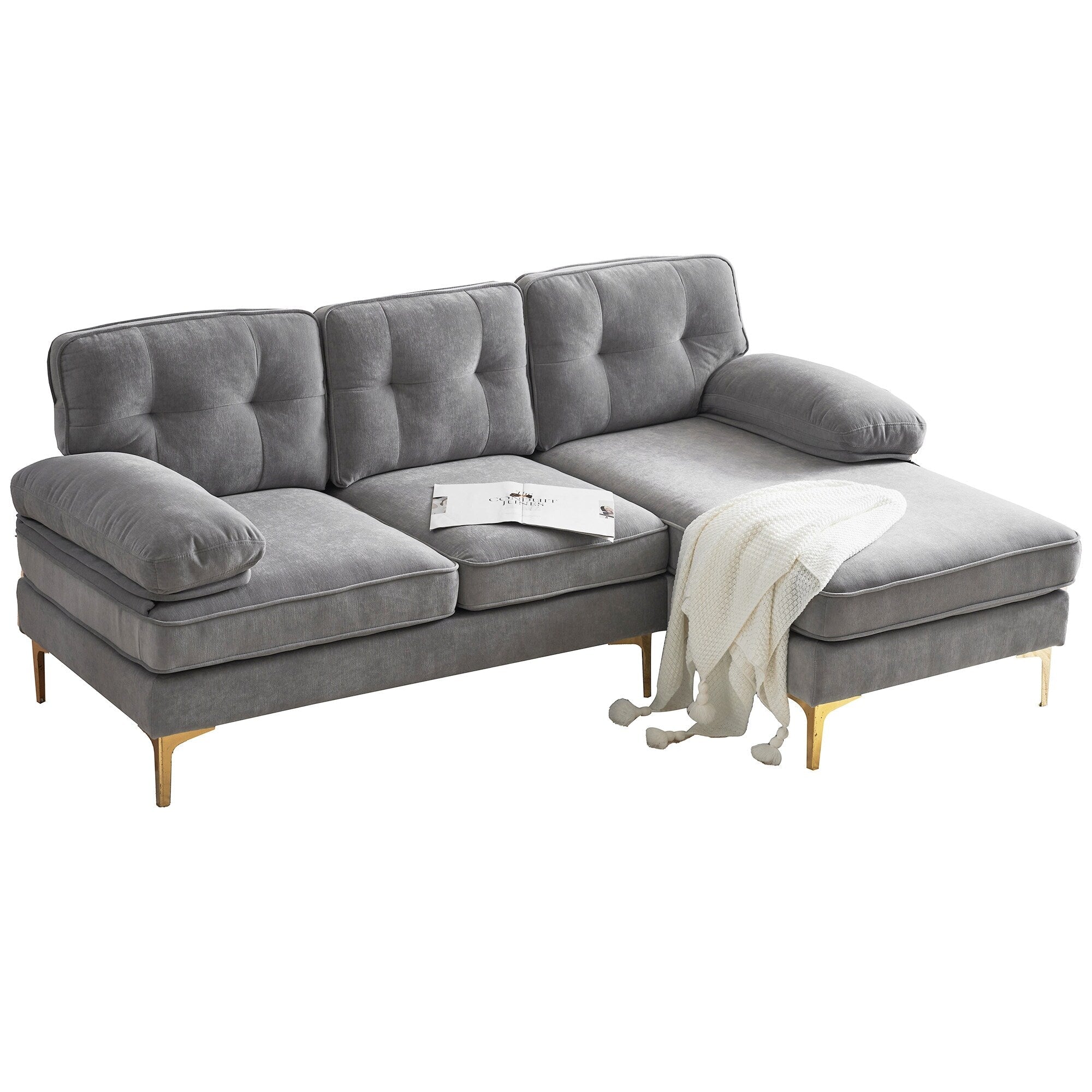 Modern Velvet L-Shaped Sectional Sofa with Metal Legs and Wide Backrest for Living Room Bedroom