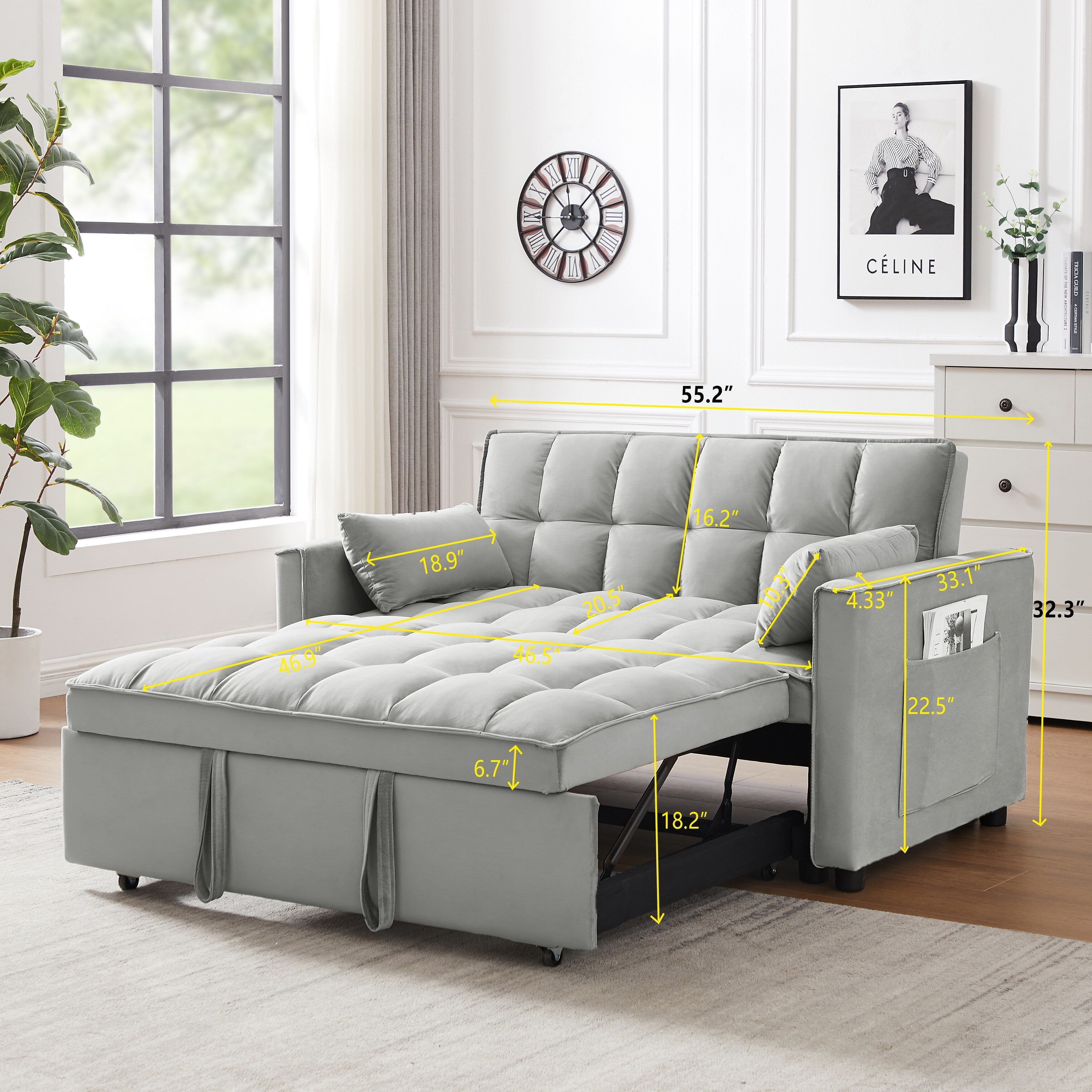 Modern Velvet Loveseat Futon Sofa Couch w/Pullout Bed,Small Love Seat Lounge Sofa w/Reclining Backrest,Toss Pillows