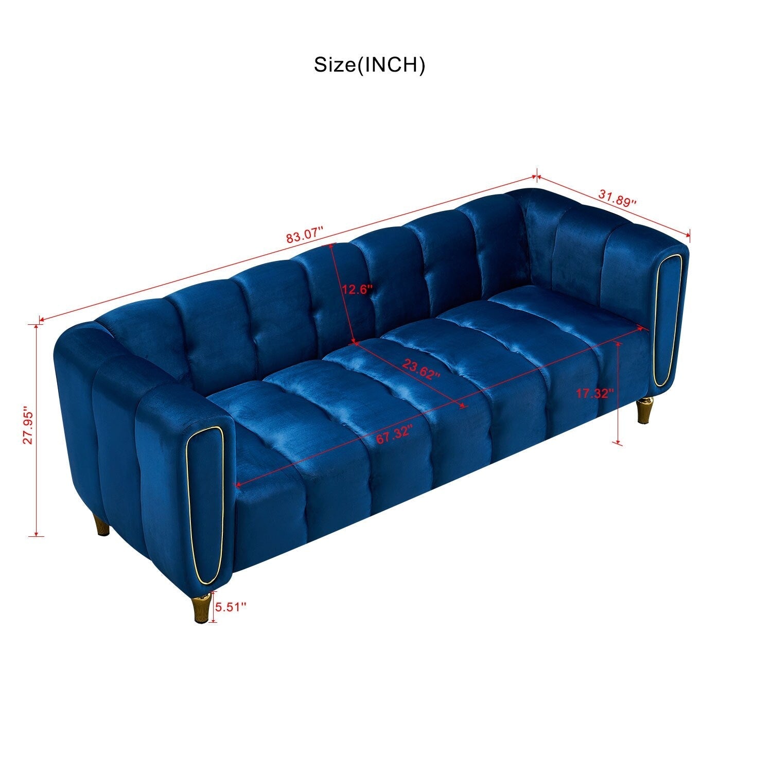 Blue Modern Velvet Sofa - 31.89 x 83.07 x 27.95