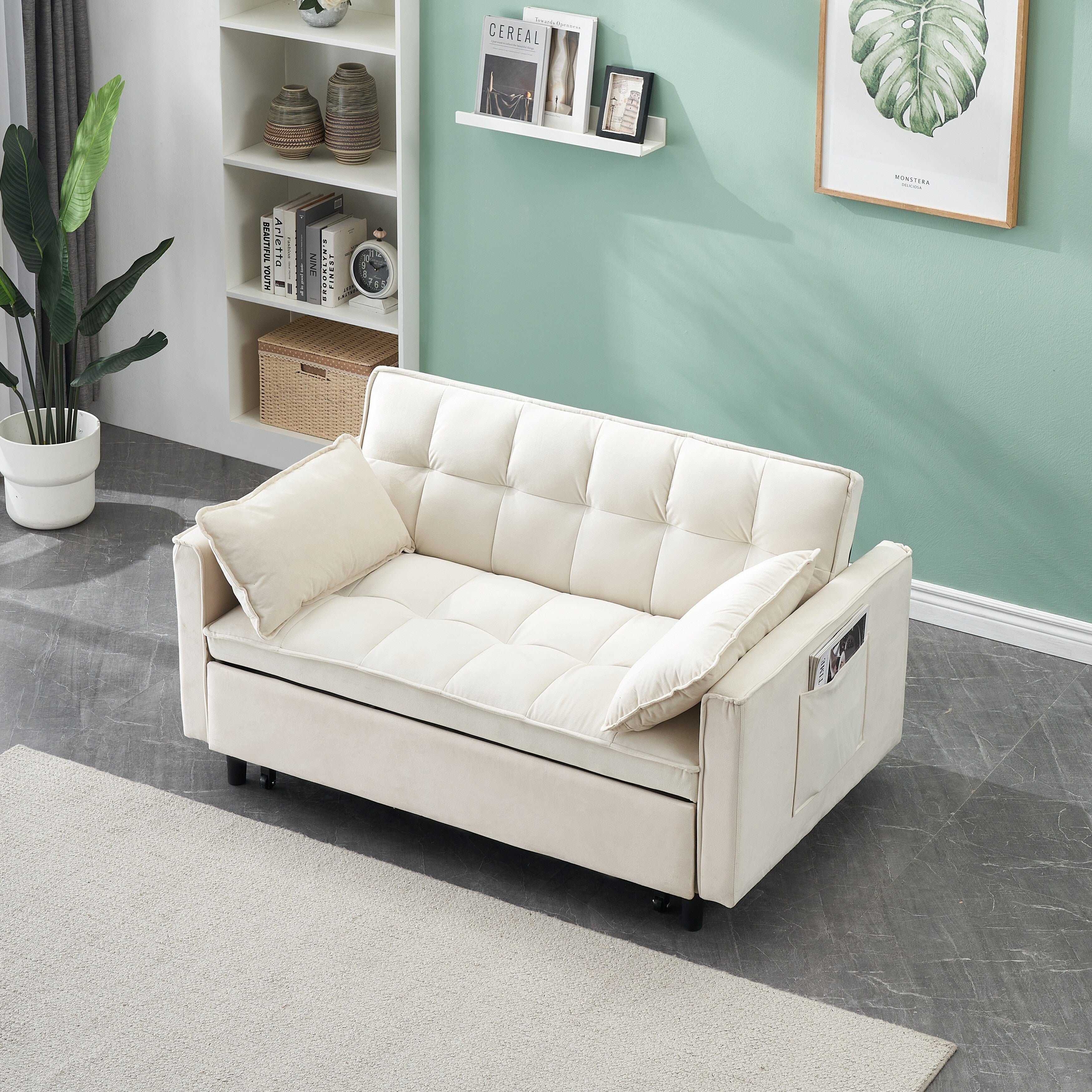 Modern velvet sofa, sofa pull-out bed, small love seat casual sofa with back, pockets, 3 in 1 convertible sleep sofa bed.