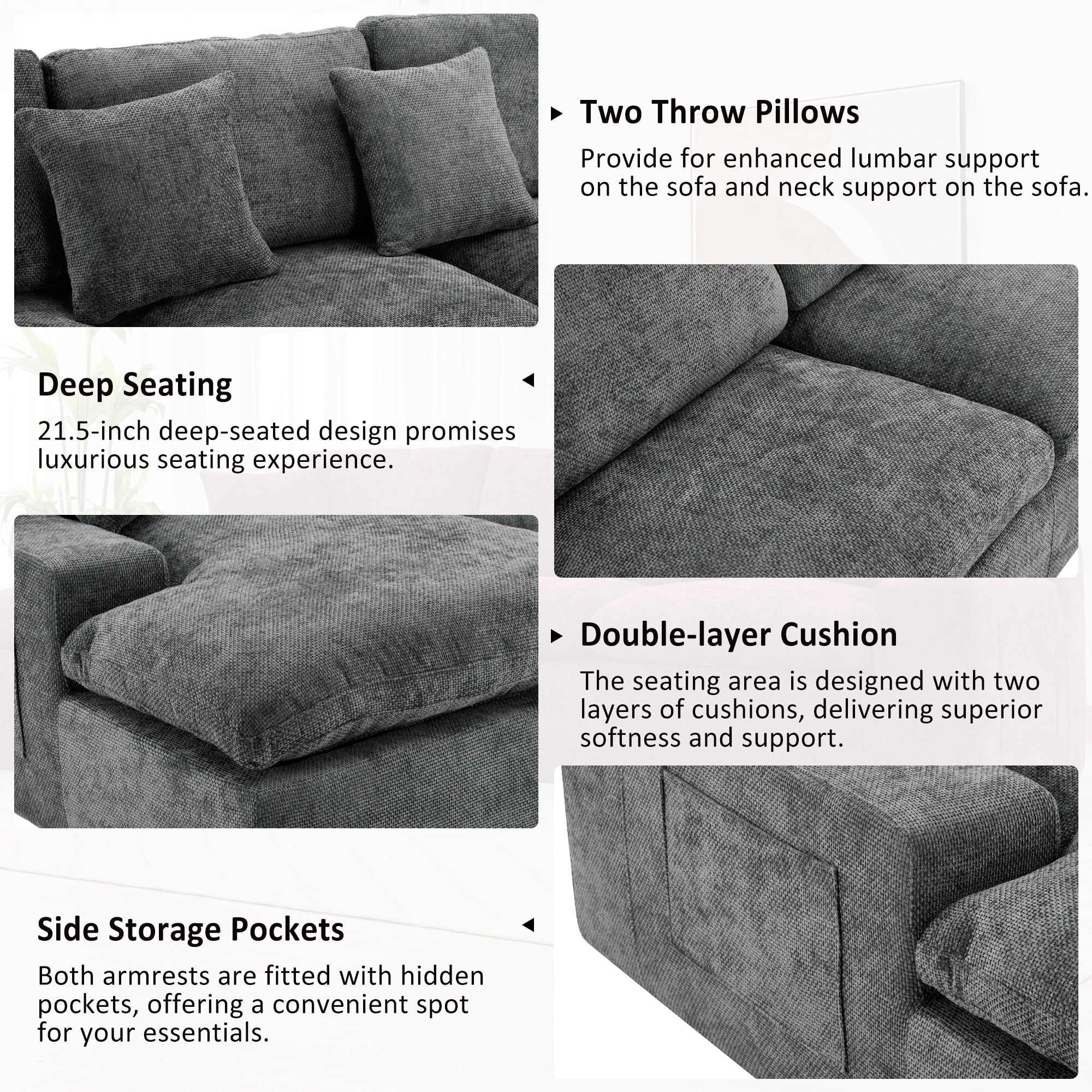 Modular Chenille Cloud Sectional Sofa with Double-Layer Cushions, Side Storage and Matching Pillows for Living Room