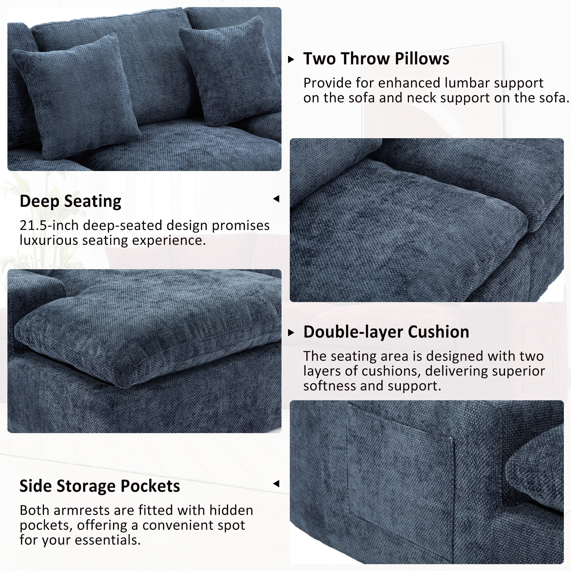 Modular Chenille Cloud Sectional Sofa with Double-Layer Cushions, Side Storage and Matching Pillows for Living Room