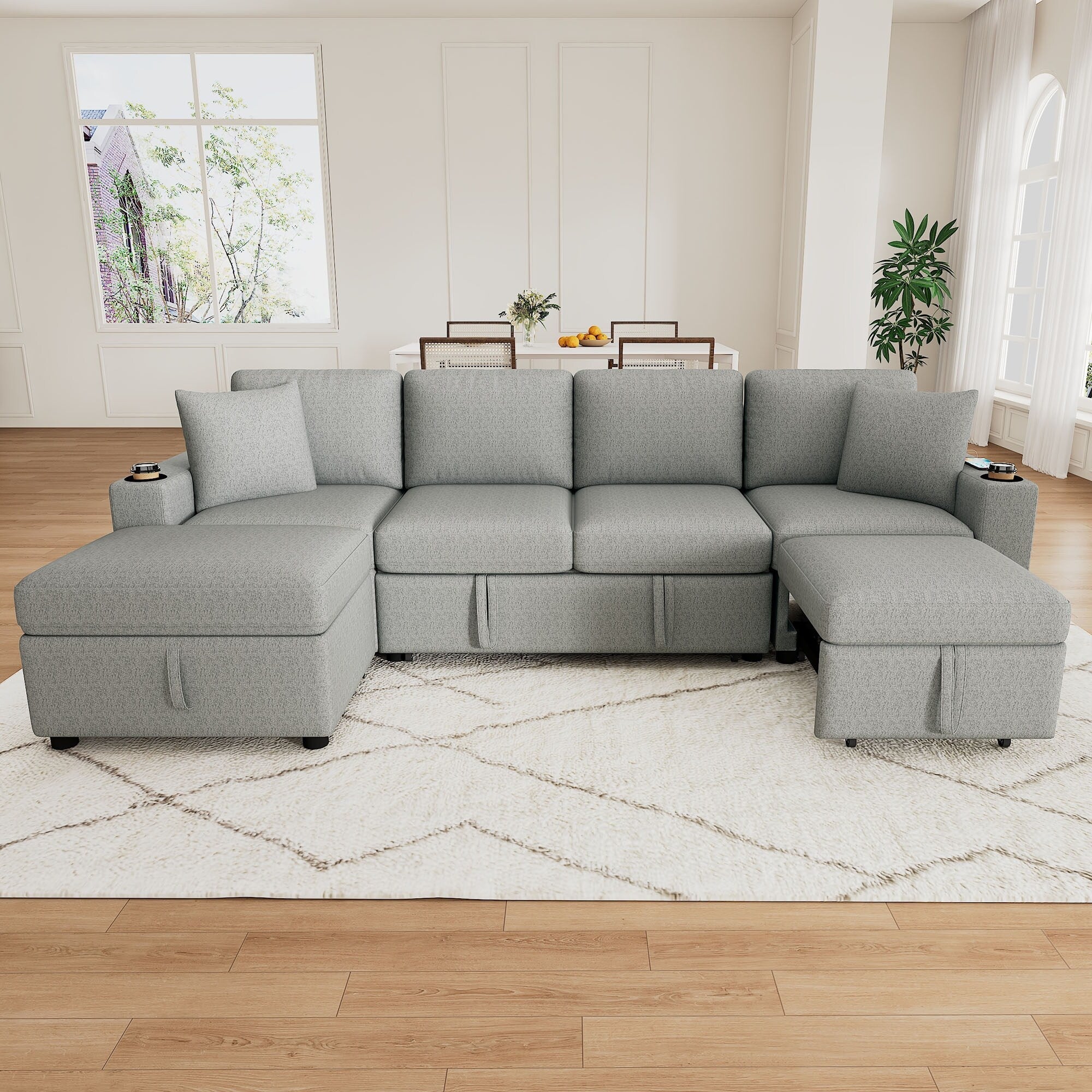 Modular Chenille Pull-Out Sleeper Sofa with Movable Storage Ottoman and USB Ports for Living Room