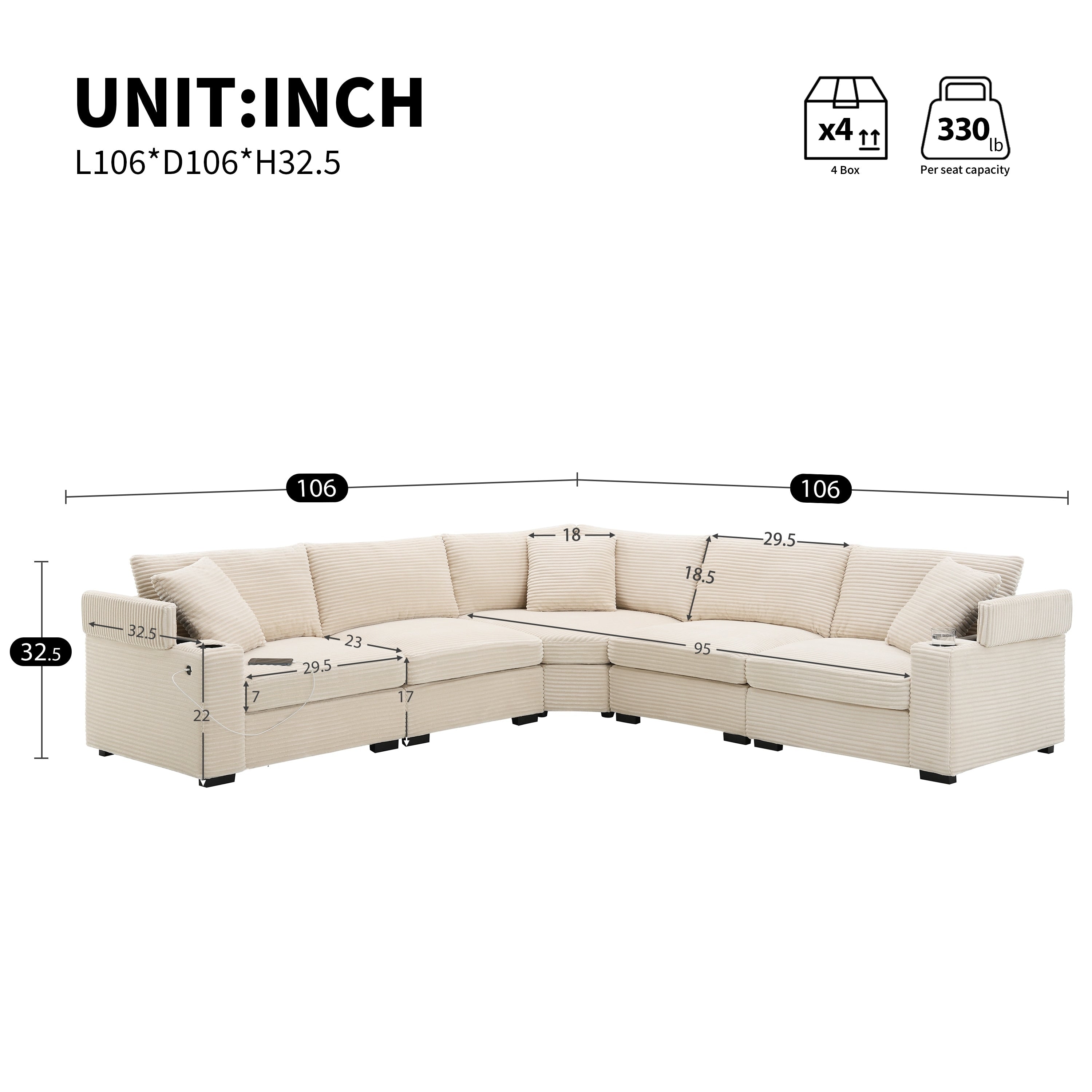 Modular Corduroy L-Shaped Sectional Sofa with Armrest Storage, USB Ports and Cup Holders for Living Room Apartment