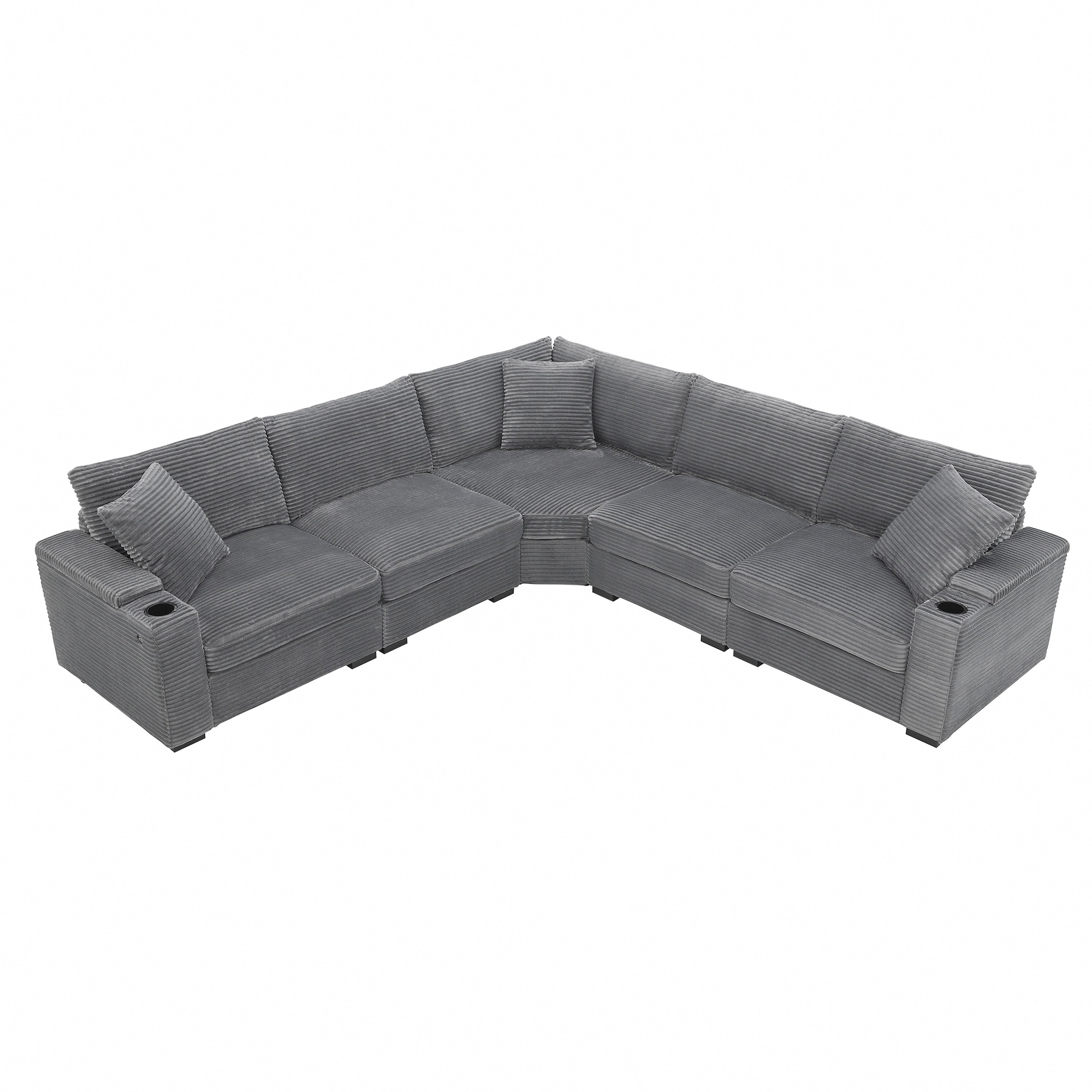 Modular Corduroy L-Shaped Sectional Sofa with Armrest Storage, USB Ports and Cup Holders for Living Room Apartment