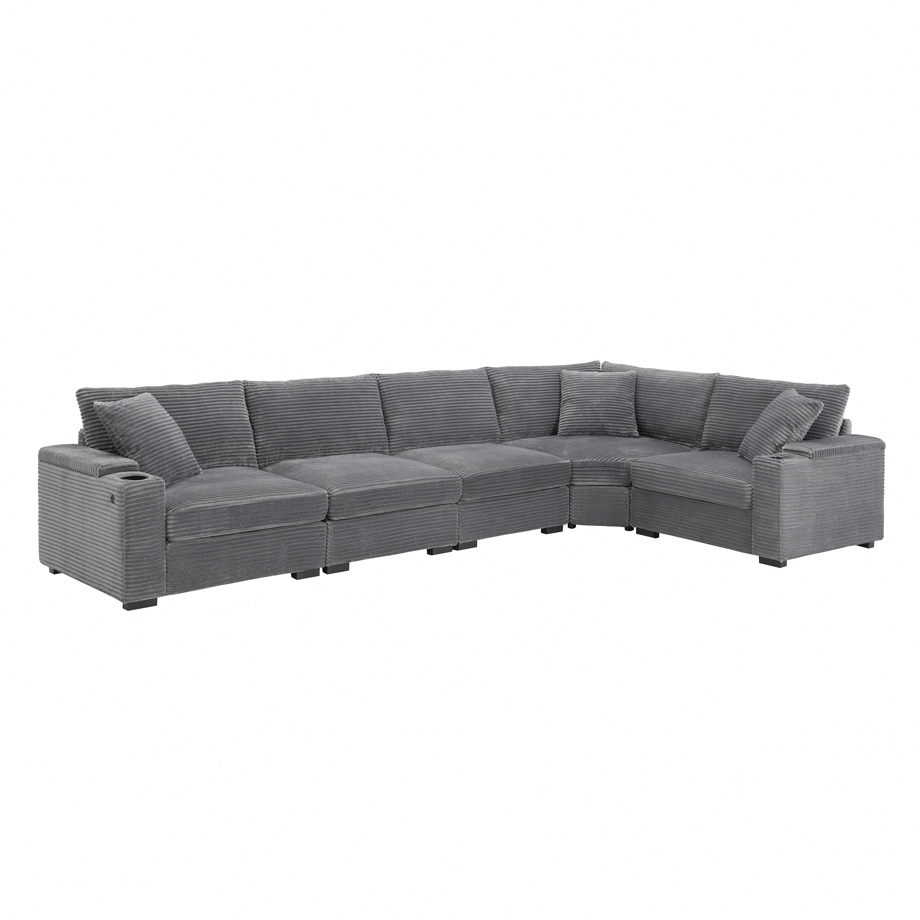Modular Corduroy L-Shaped Sectional Sofa with Armrest Storage, USB Ports and Cup Holders for Living Room Apartment
