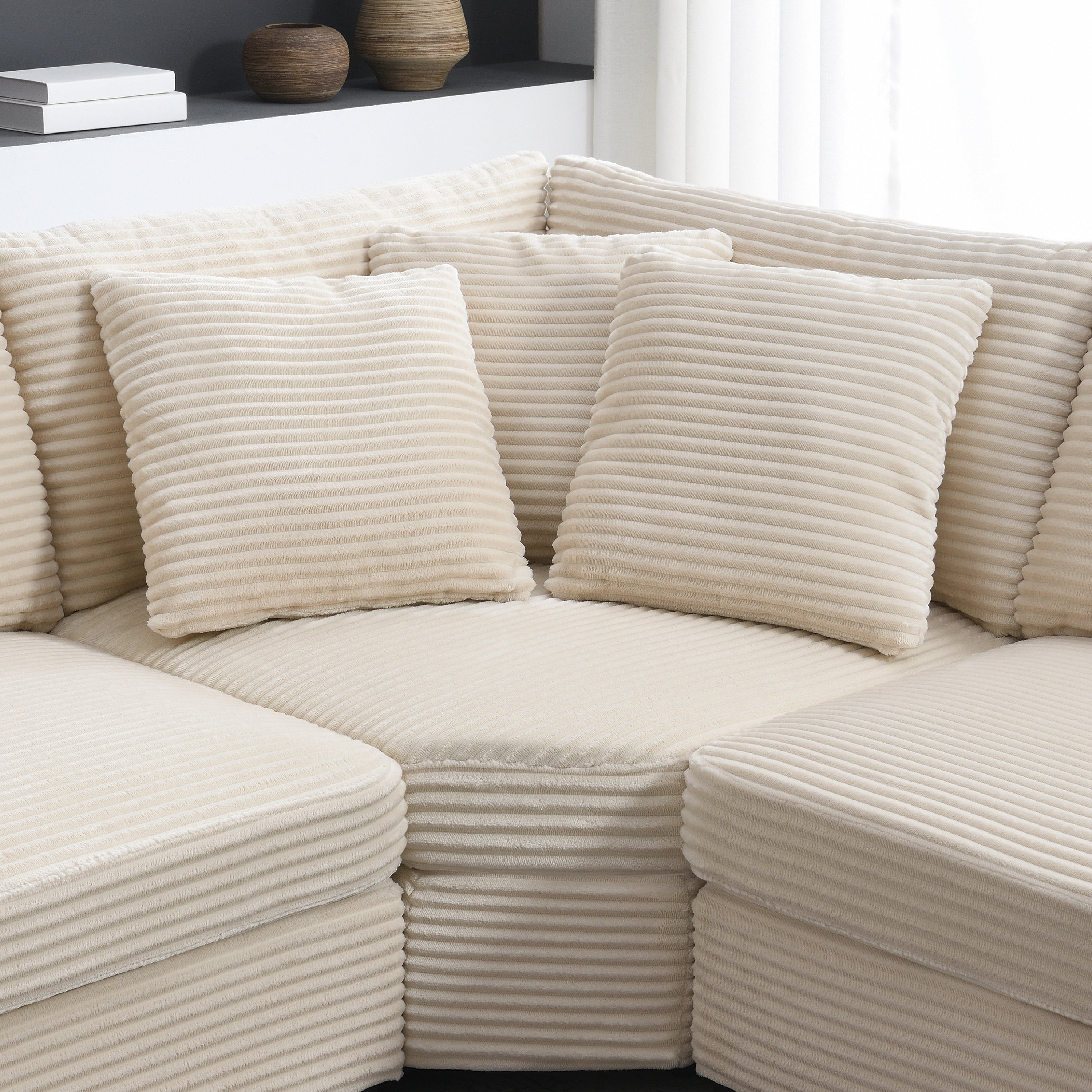 Modular Corduroy L-Shaped Sectional Sofa with Armrest Storage, USB Ports and Cup Holders for Living Room Apartment