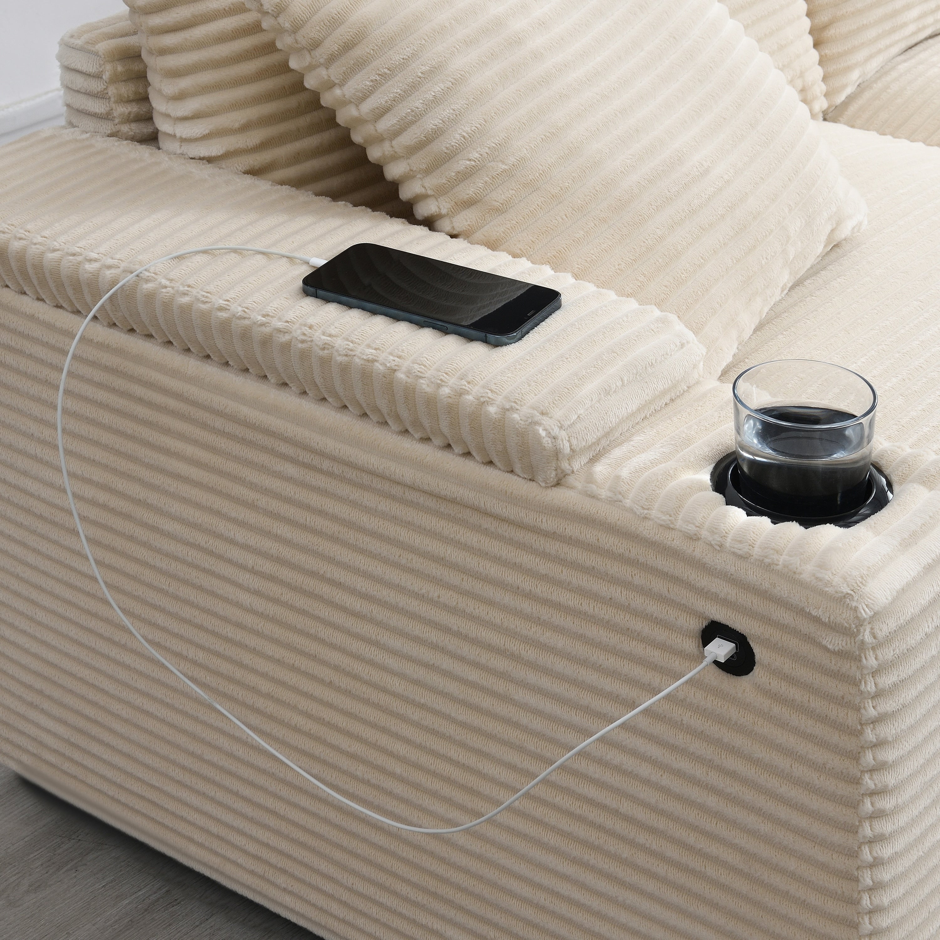 Modular Corduroy L-Shaped Sectional Sofa with Armrest Storage, USB Ports and Cup Holders for Living Room Apartment
