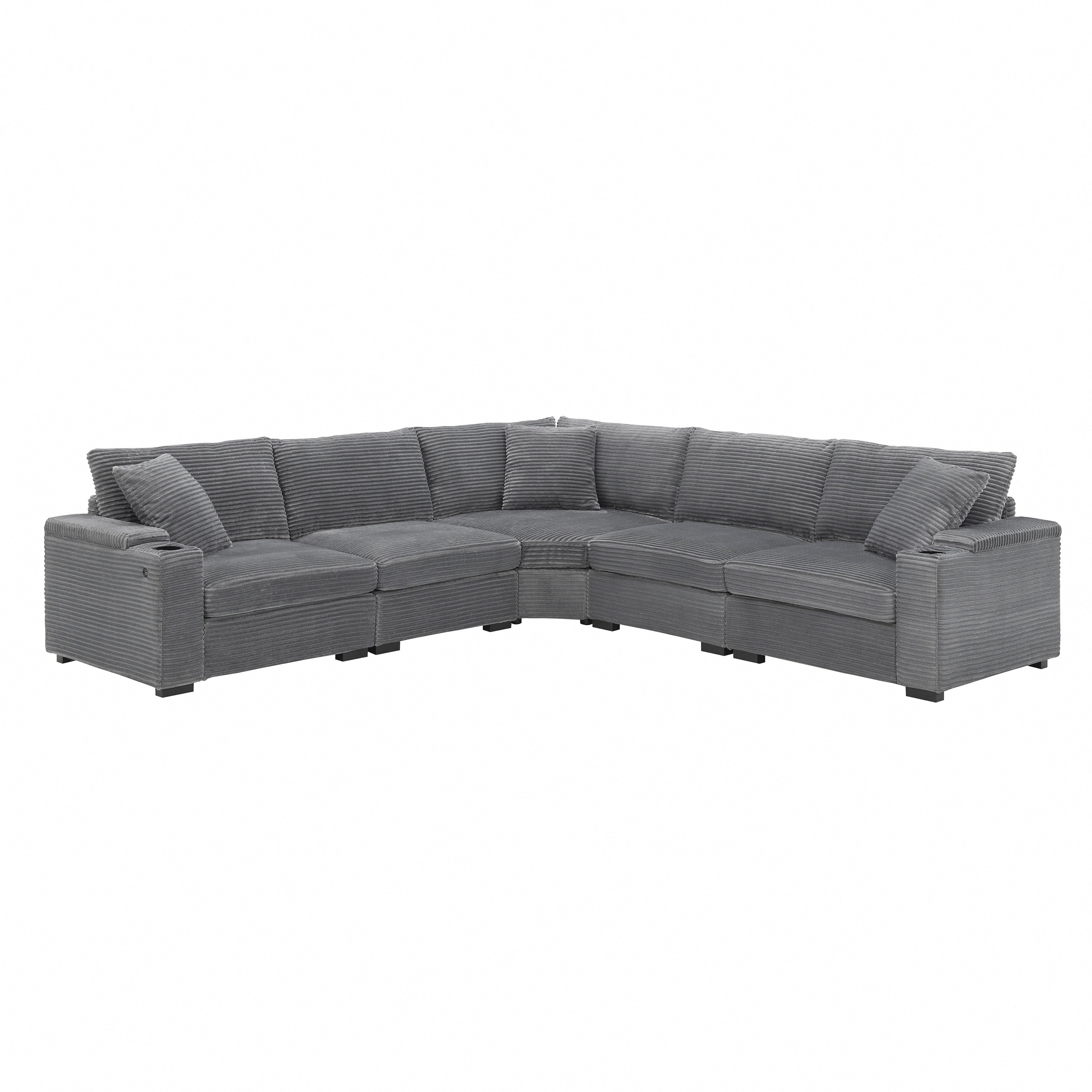 Modular Corduroy L-Shaped Sectional Sofa with Armrest Storage, USB Ports and Cup Holders for Living Room Apartment