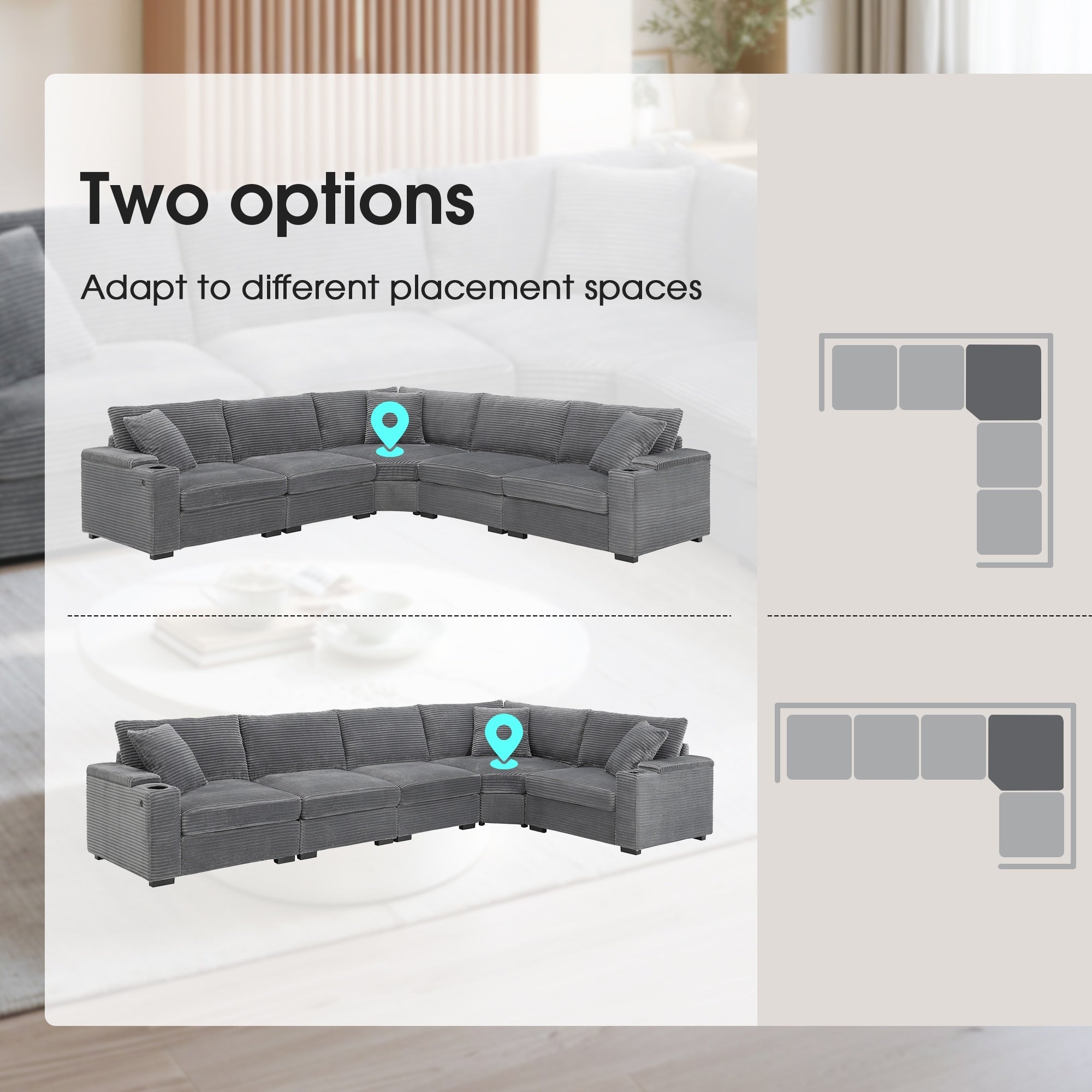 Modular Corduroy L-Shaped Sectional Sofa with Armrest Storage, USB Ports and Cup Holders for Living Room Apartment