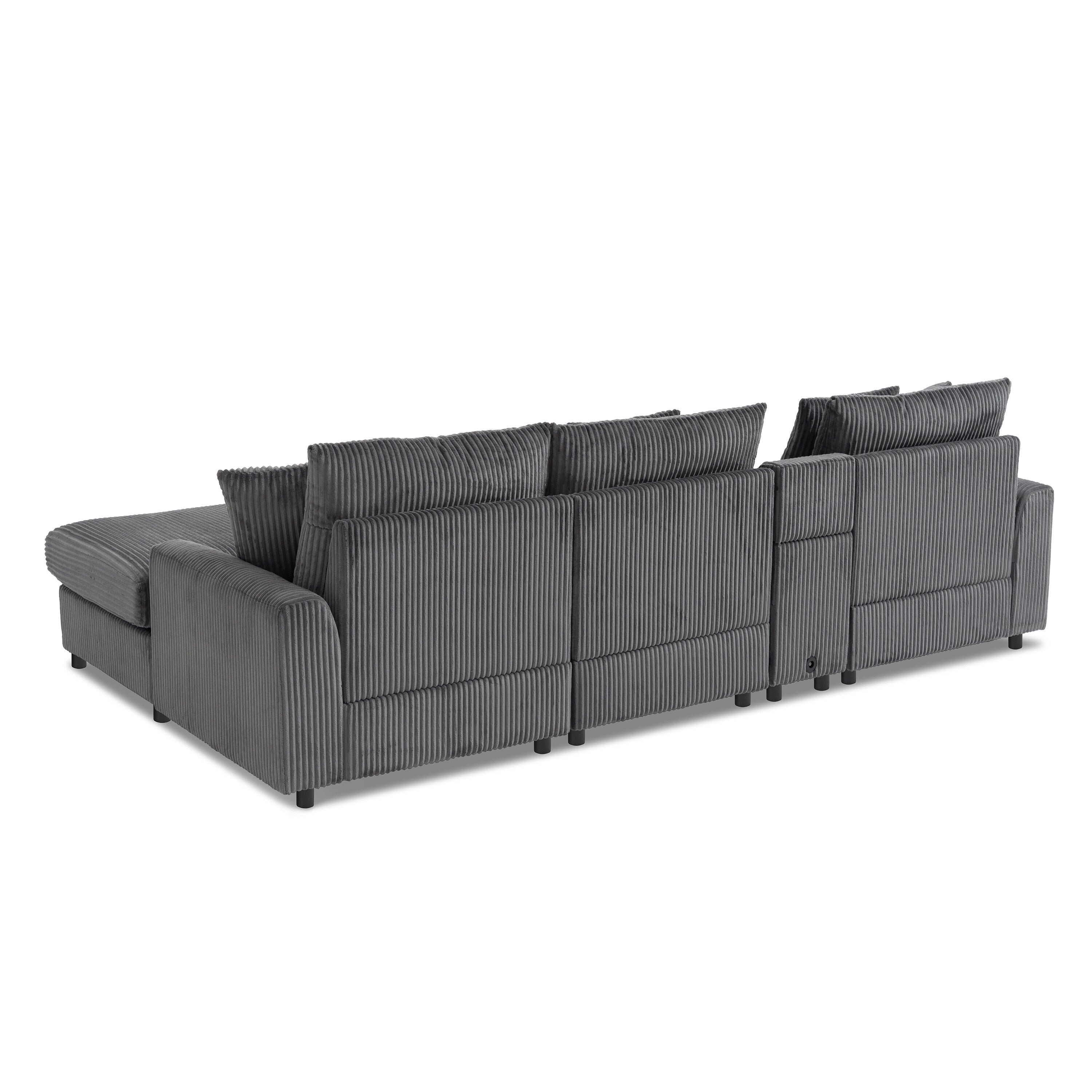 Modular Corduroy Sectional Sofa with Bluetooth Speakers, Charging Ports, Cup Holders, Storage and Ottoman for Living Room