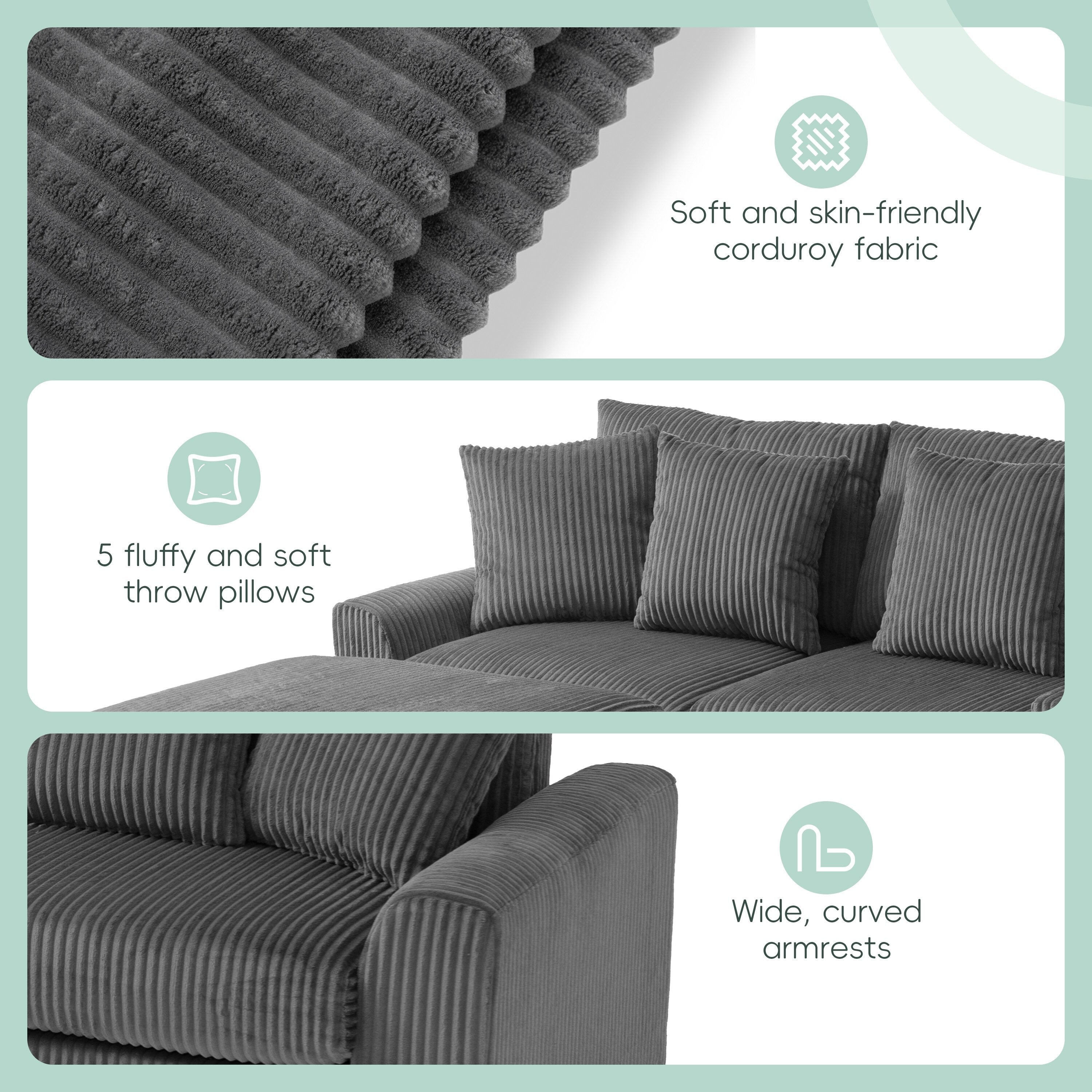 Modular Corduroy Sectional Sofa with Bluetooth Speakers, Charging Ports, Cup Holders, Storage and Ottoman for Living Room