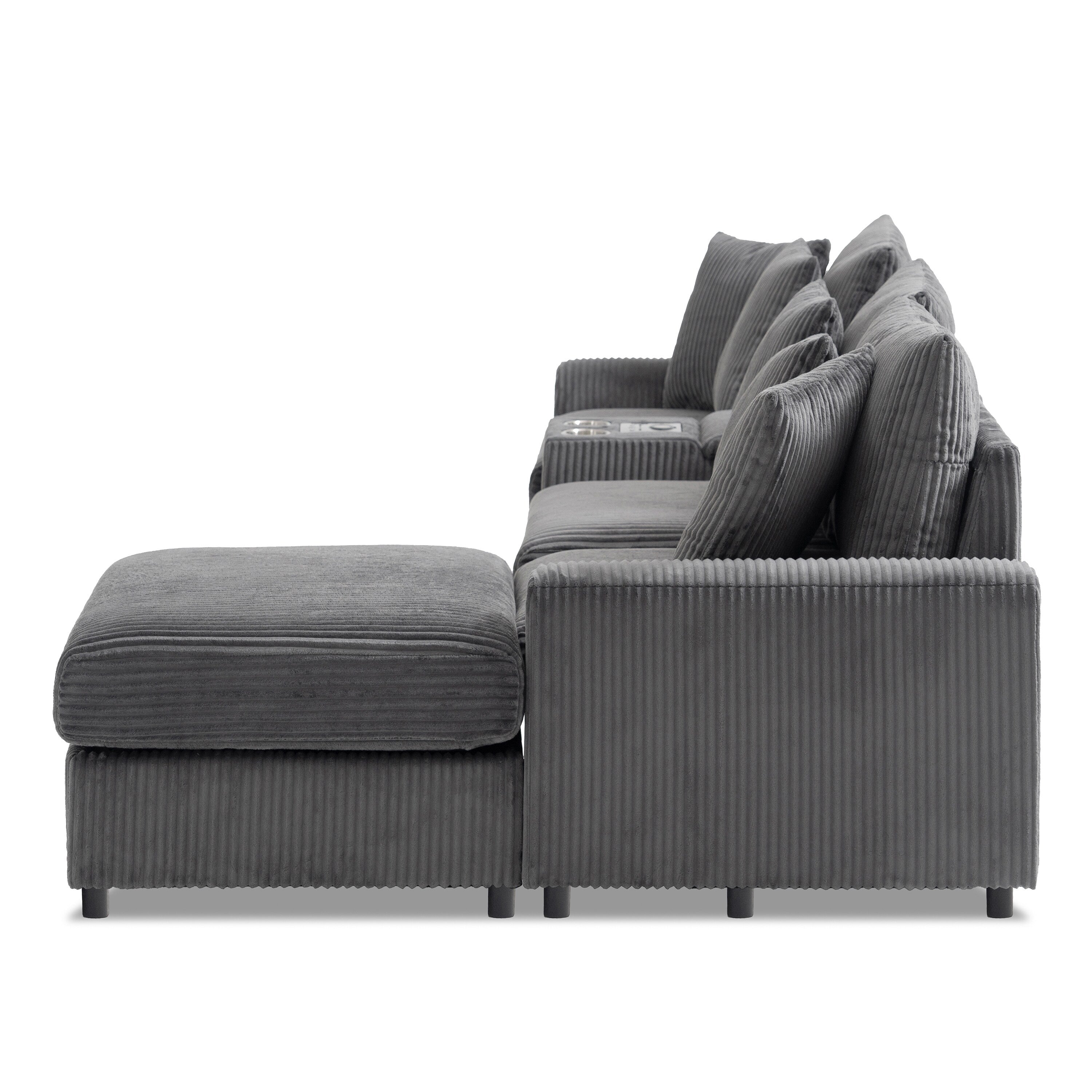Modular Corduroy Sectional Sofa with Bluetooth Speakers, Charging Ports, Cup Holders, Storage and Ottoman for Living Room
