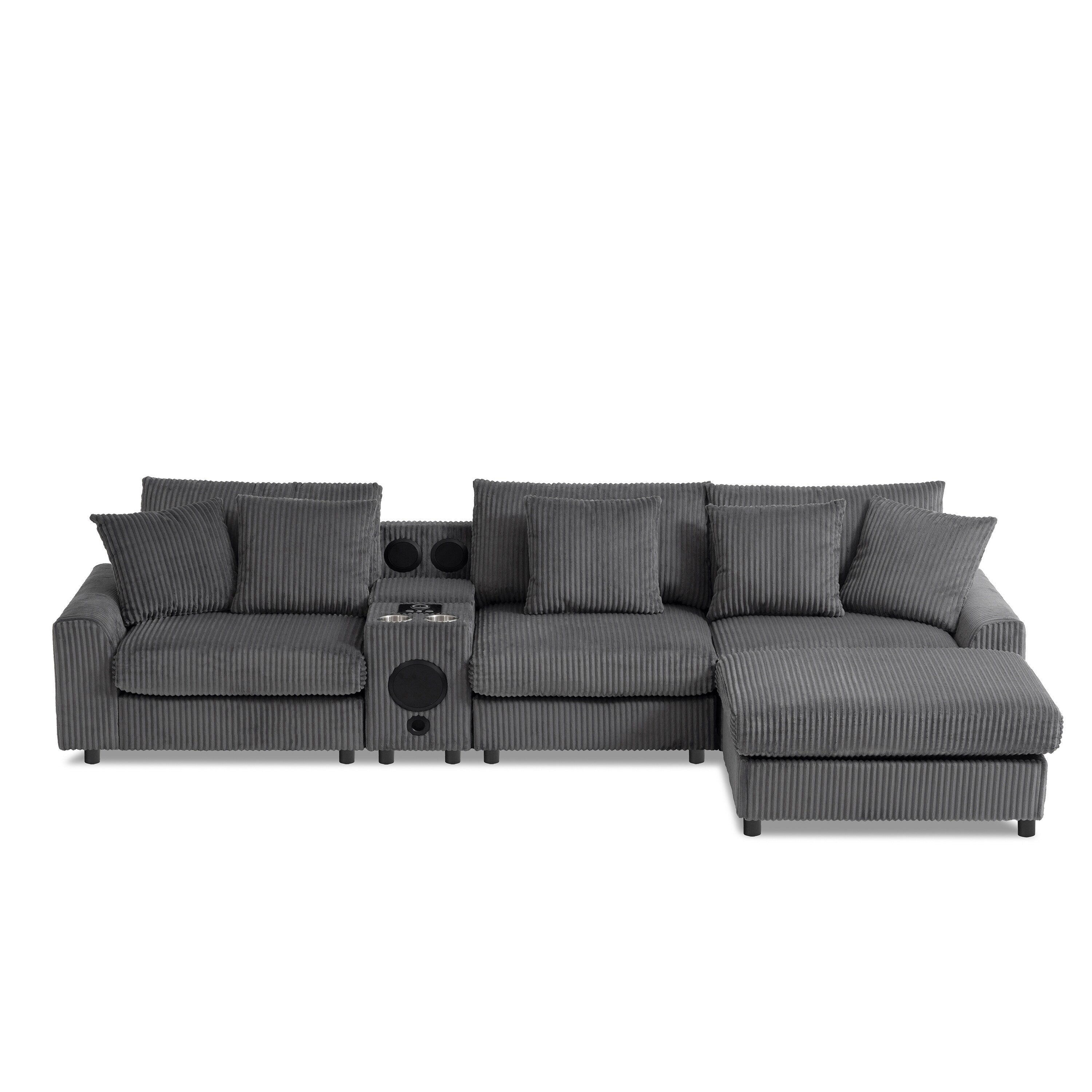 Modular Corduroy Sectional Sofa with Bluetooth Speakers, Charging Ports, Cup Holders, Storage and Ottoman for Living Room