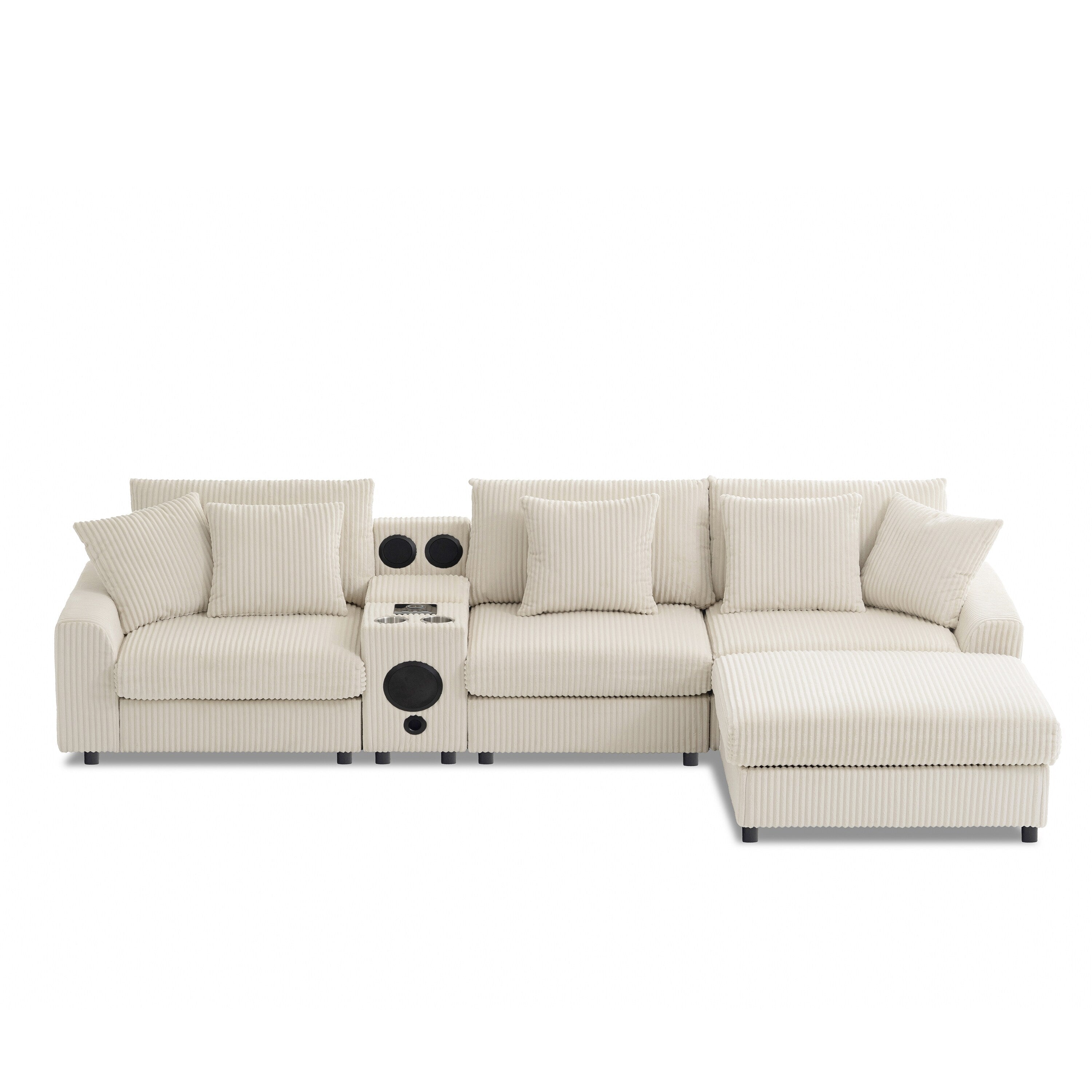 Modular Corduroy Sectional Sofa with Bluetooth Speakers, Charging Ports, Cup Holders, Storage and Ottoman for Living Room