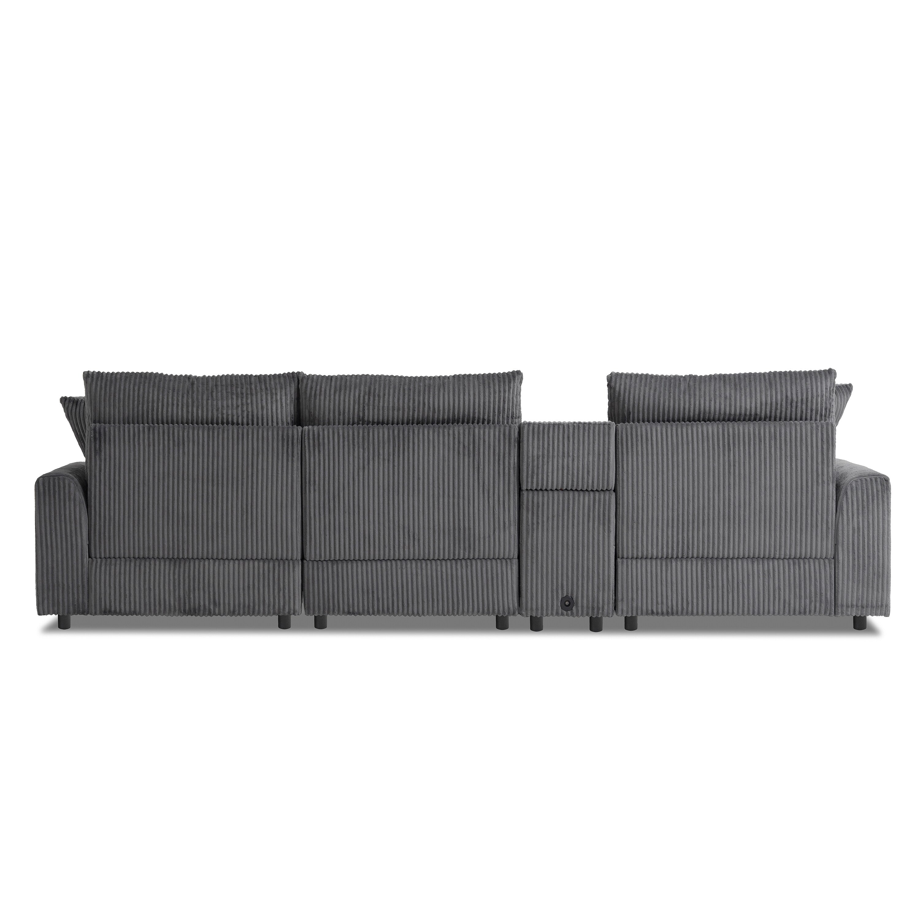 Modular Corduroy Sectional Sofa with Bluetooth Speakers, Charging Ports, Cup Holders, Storage and Ottoman for Living Room