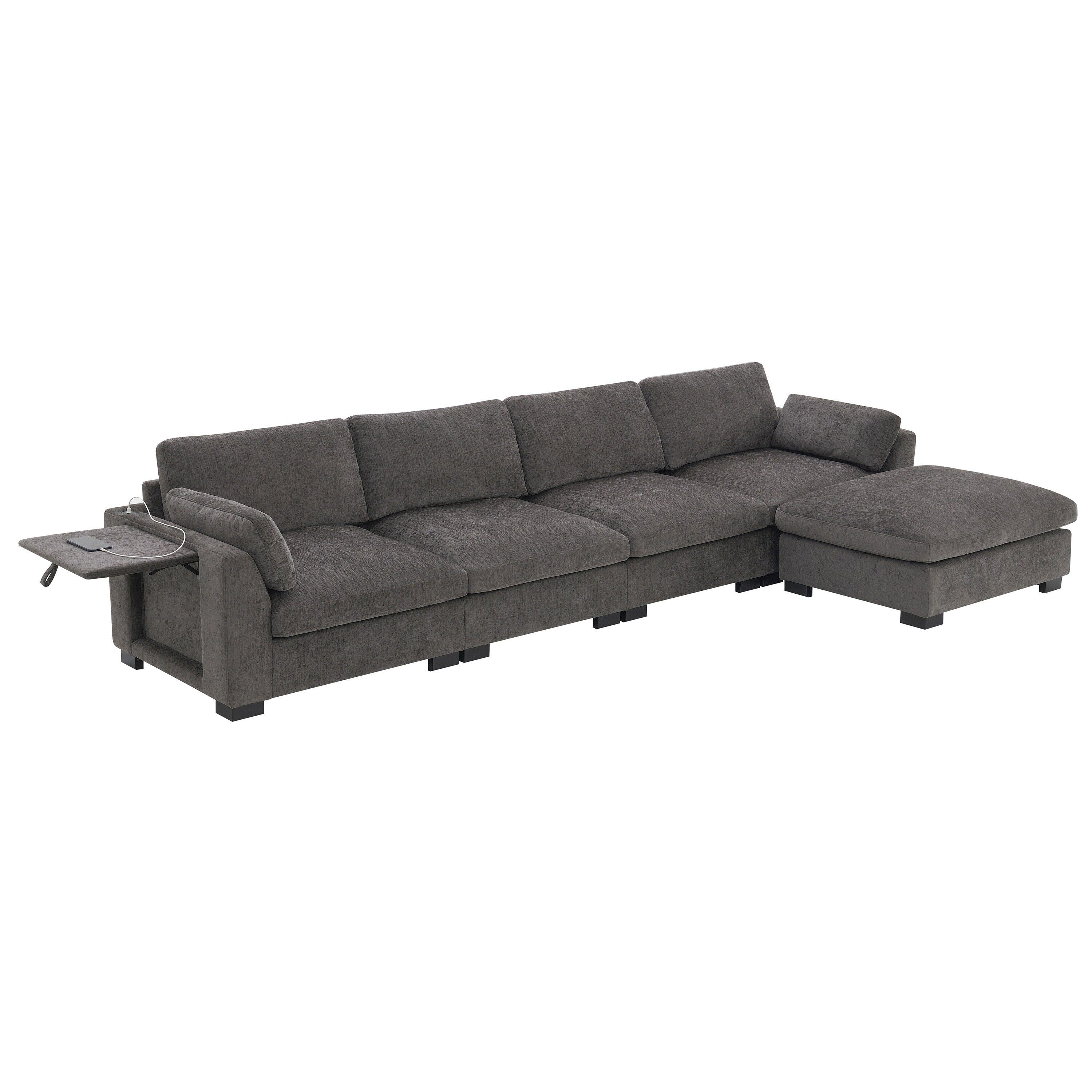 Modular L-Shaped Sectional Sofa with Foldable Table, Dual USB Charging, Side Storage Pockets and Movable Ottoman
