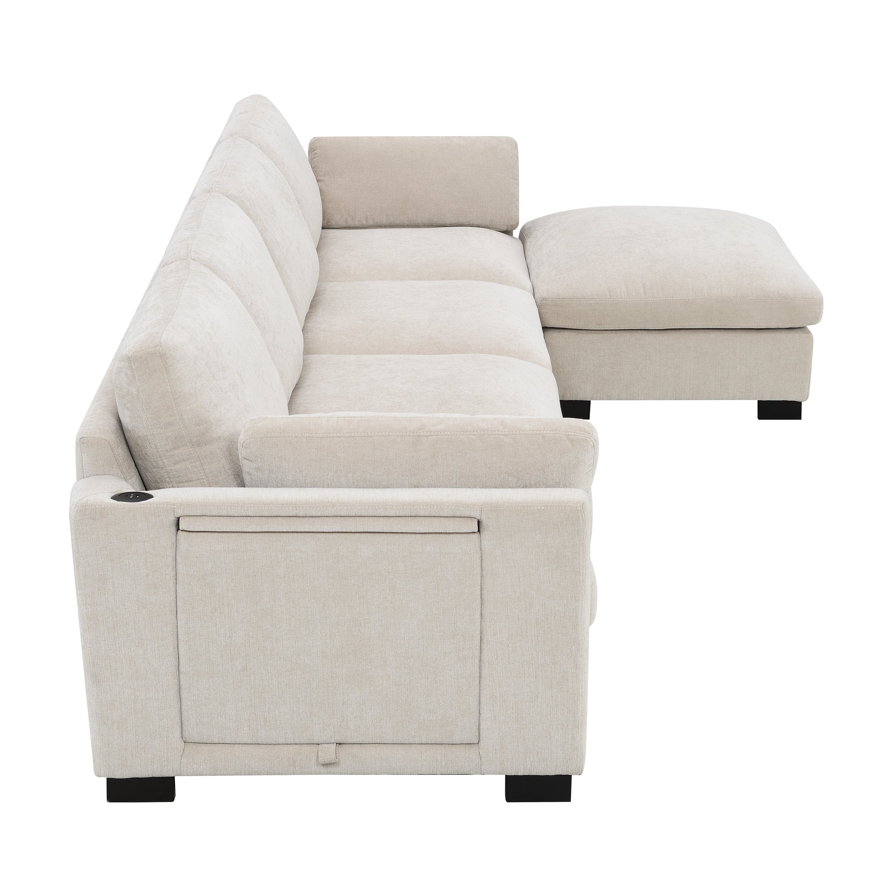 Modular L-Shaped Sectional Sofa with Foldable Table, Dual USB Charging, Side Storage Pockets and Movable Ottoman