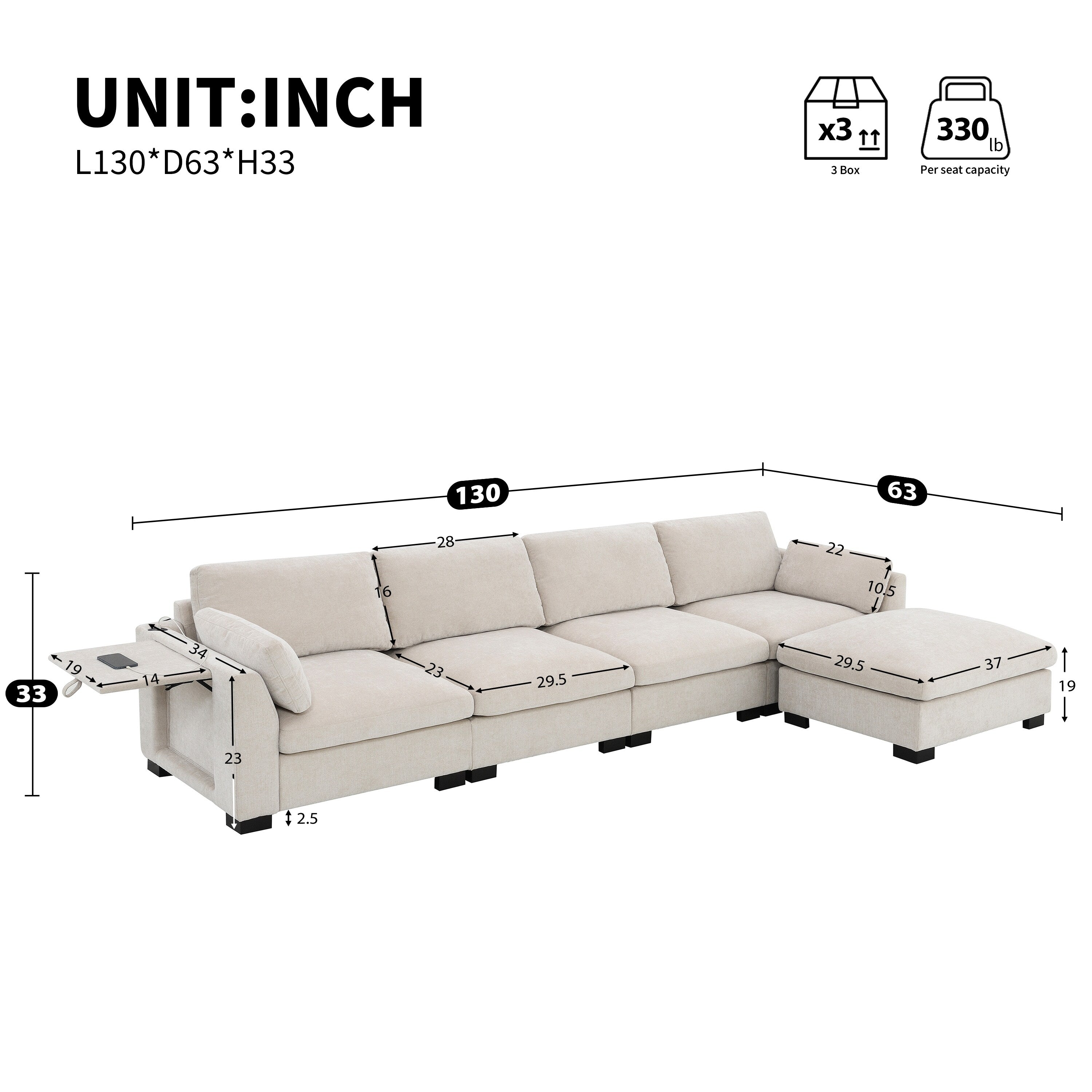 Modular L-Shaped Sectional Sofa with Foldable Table, Dual USB Charging, Side Storage Pockets and Movable Ottoman