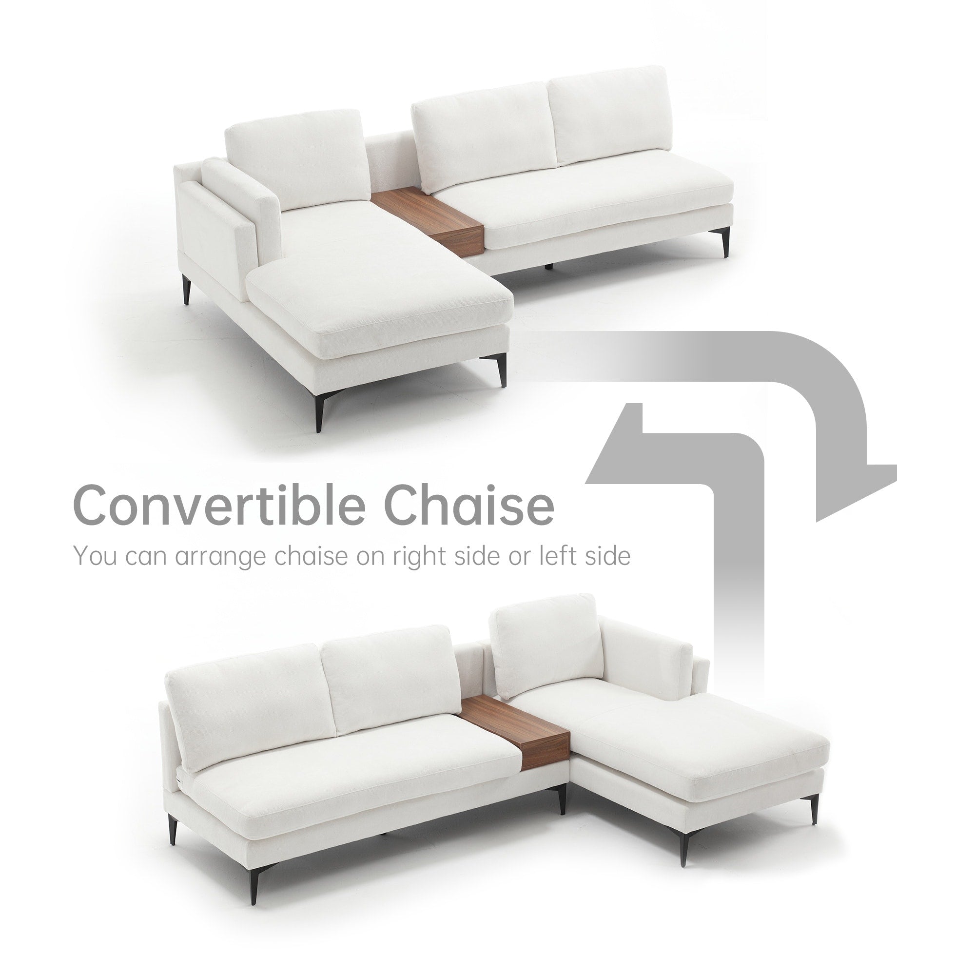 Modular L-shaped Sofa With a Reversible Design and Built-in Wooden Decorative Box