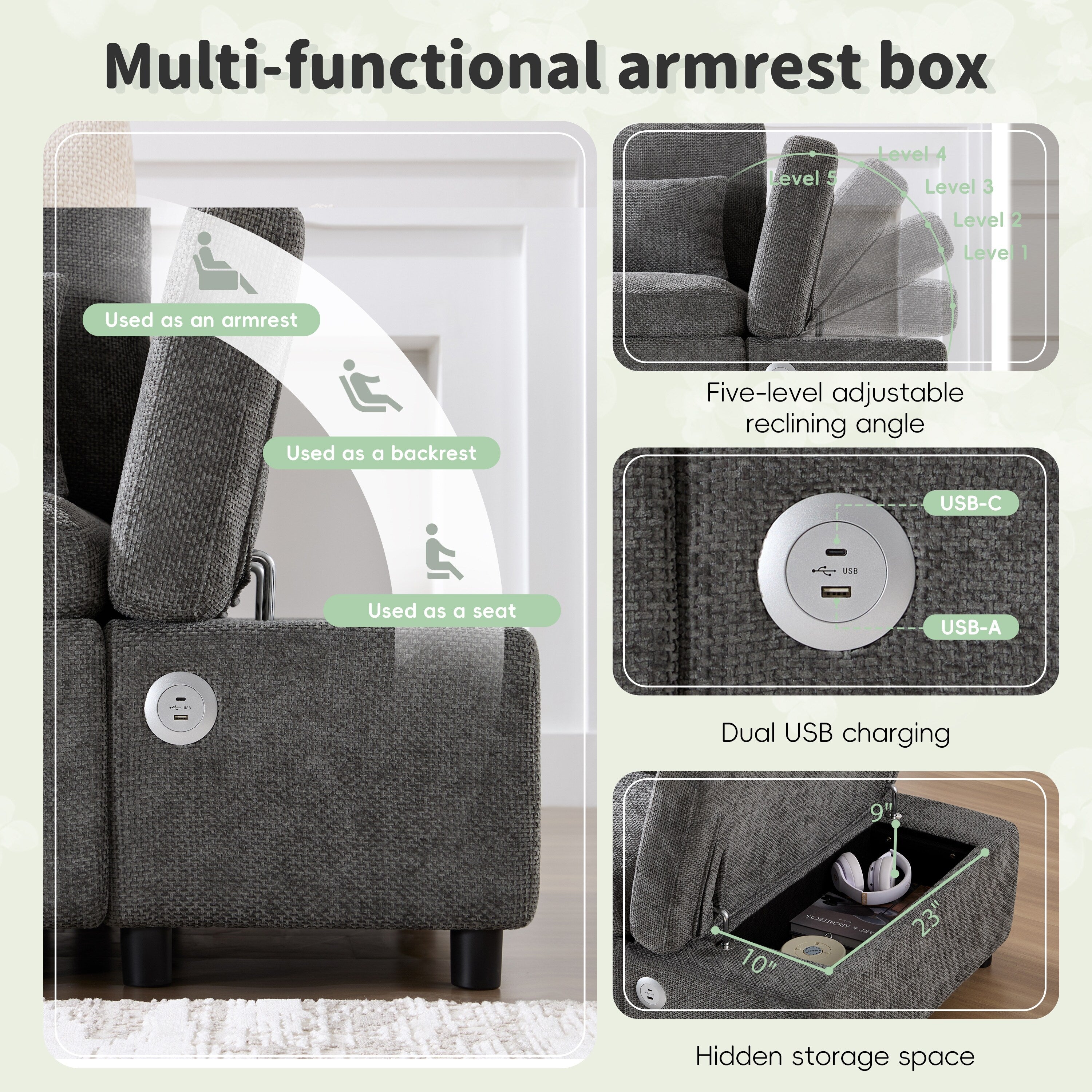 Modular Pull-Out Sectional Sofa Bed with Adjustable Charging Armrest and Storage Ottoman for Living Room Apartment