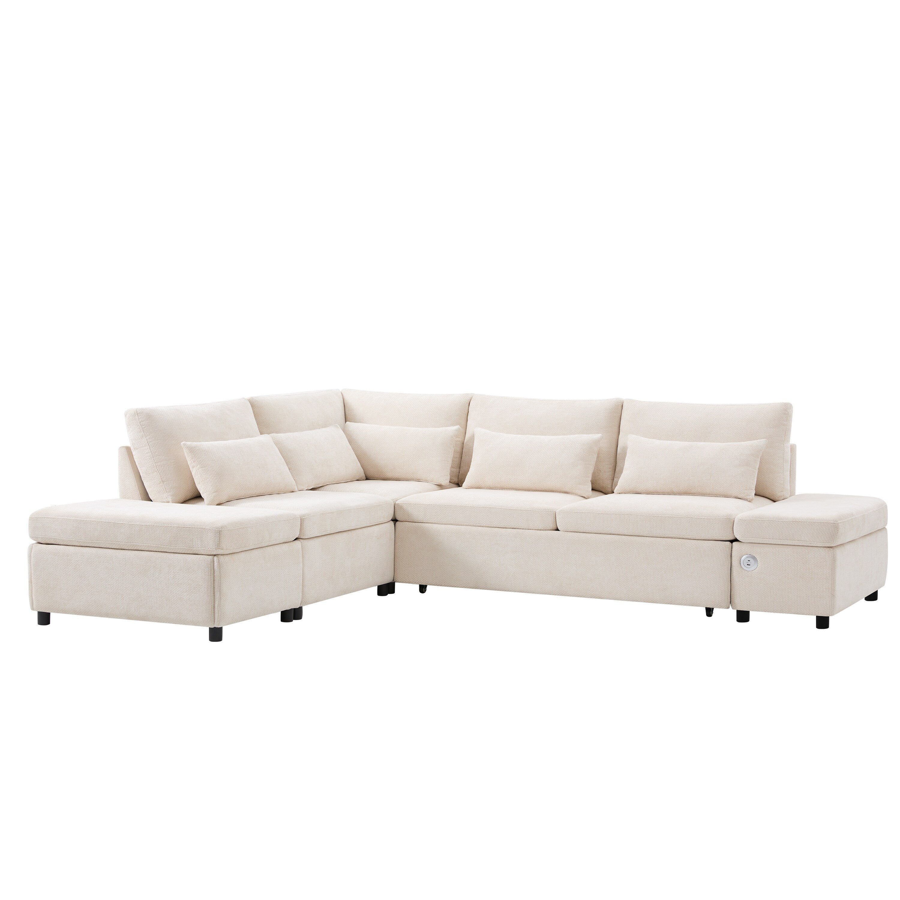 Modular Pull-Out Sectional Sofa Bed with Adjustable Charging Armrest and Storage Ottoman for Living Room Apartment