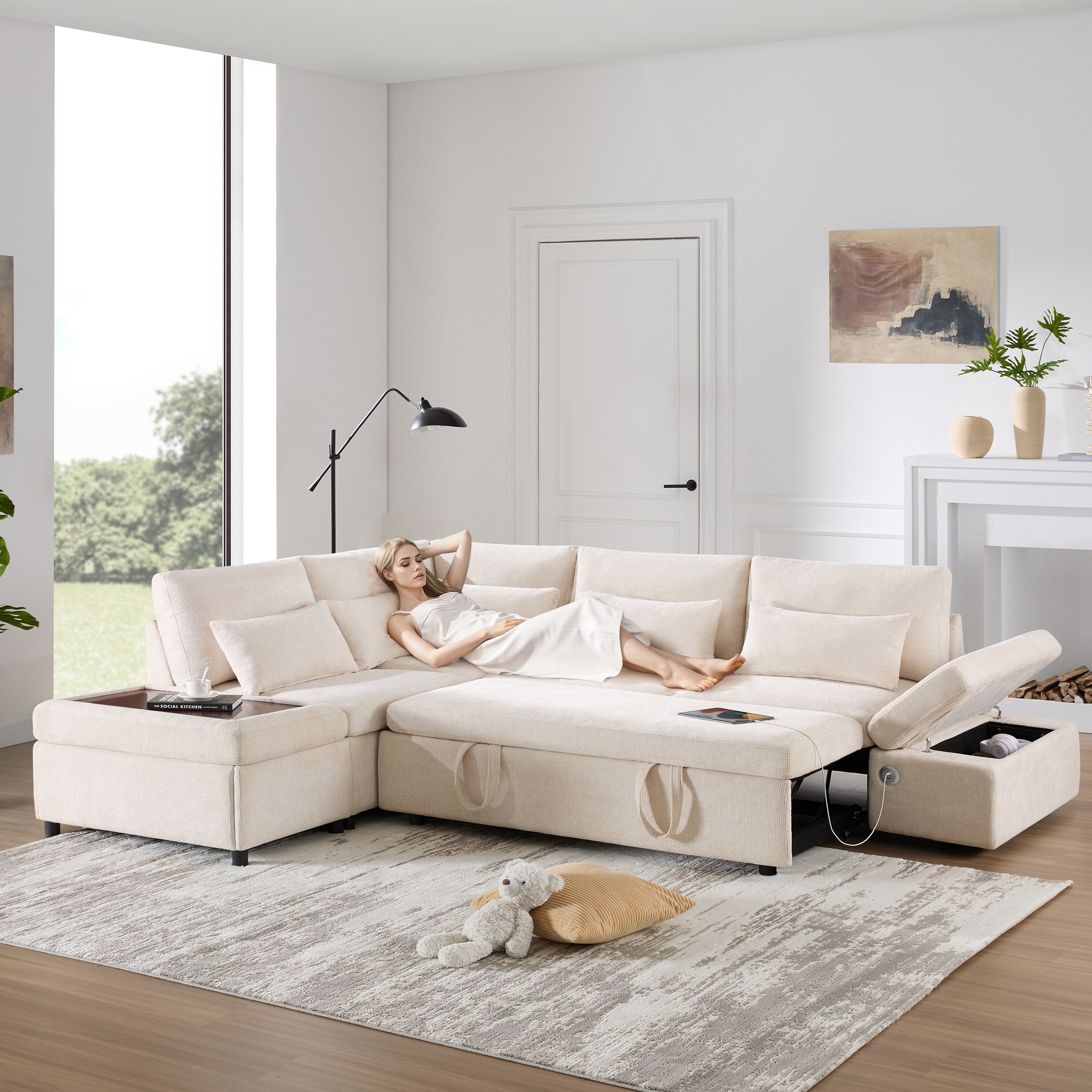 Modular Pull-Out Sectional Sofa Bed with Adjustable Charging Armrest and Storage Ottoman for Living Room Apartment