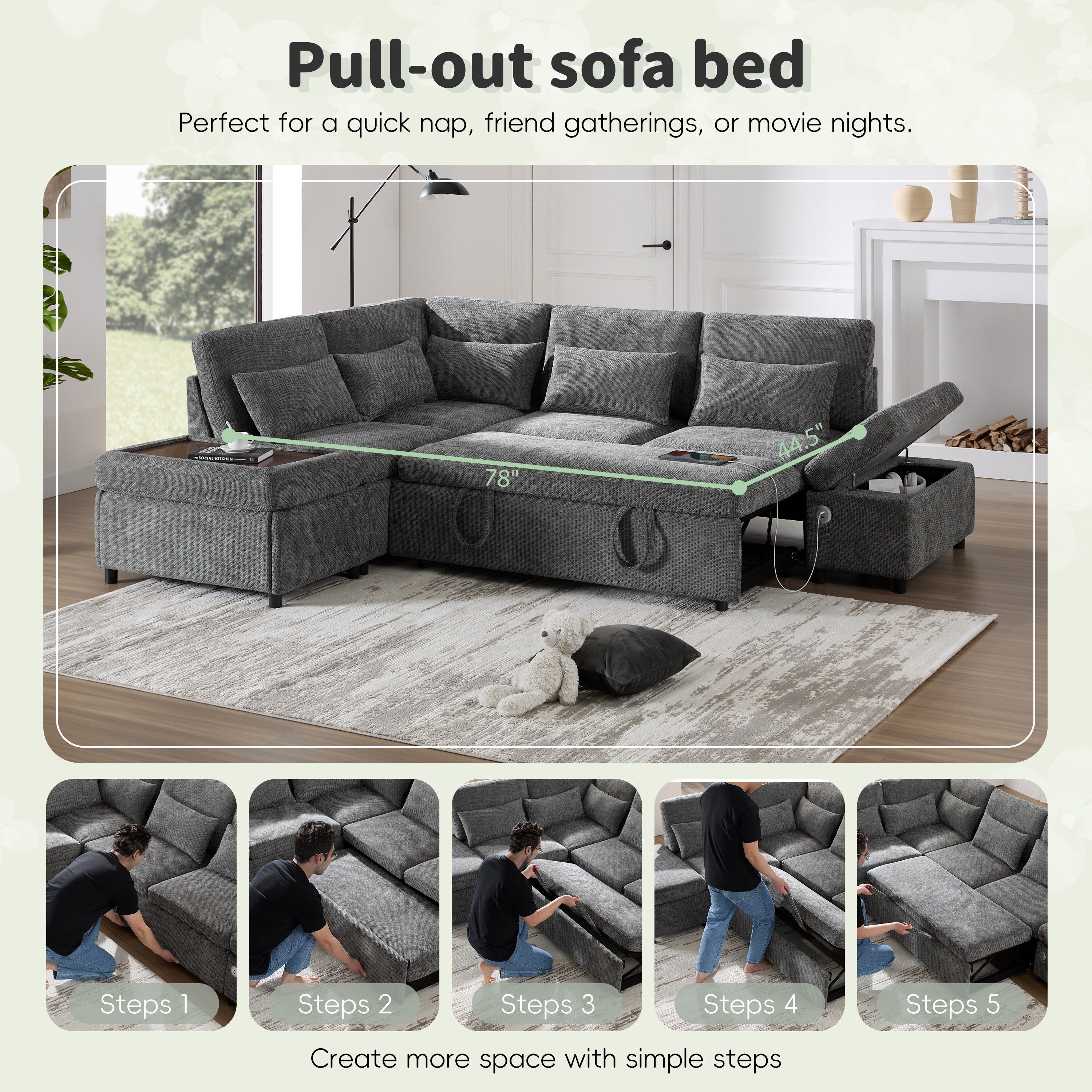 Modular Pull-Out Sectional Sofa Bed with Adjustable Charging Armrest and Storage Ottoman for Living Room Apartment