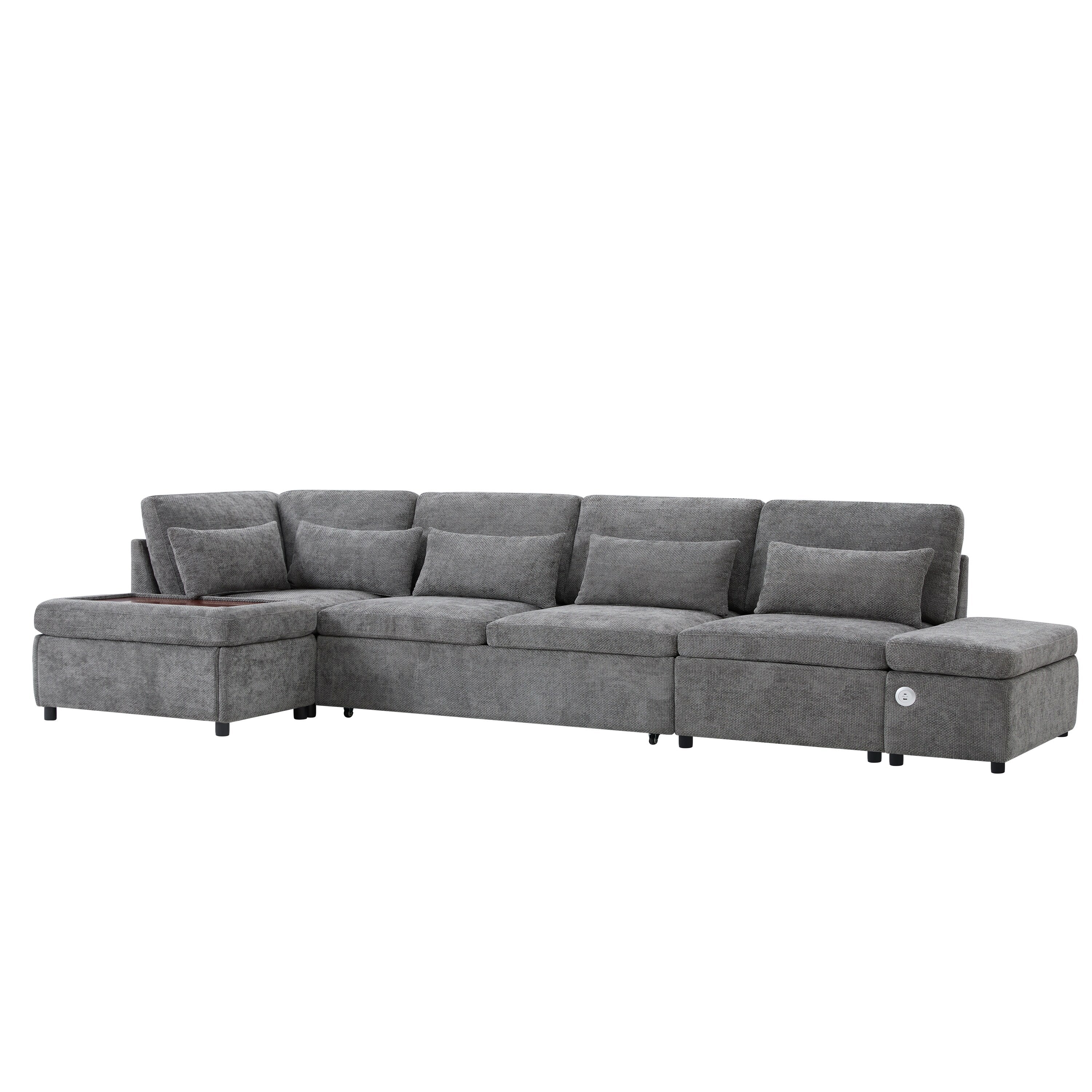 Modular Pull-Out Sectional Sofa Bed with Adjustable Charging Armrest and Storage Ottoman for Living Room Apartment